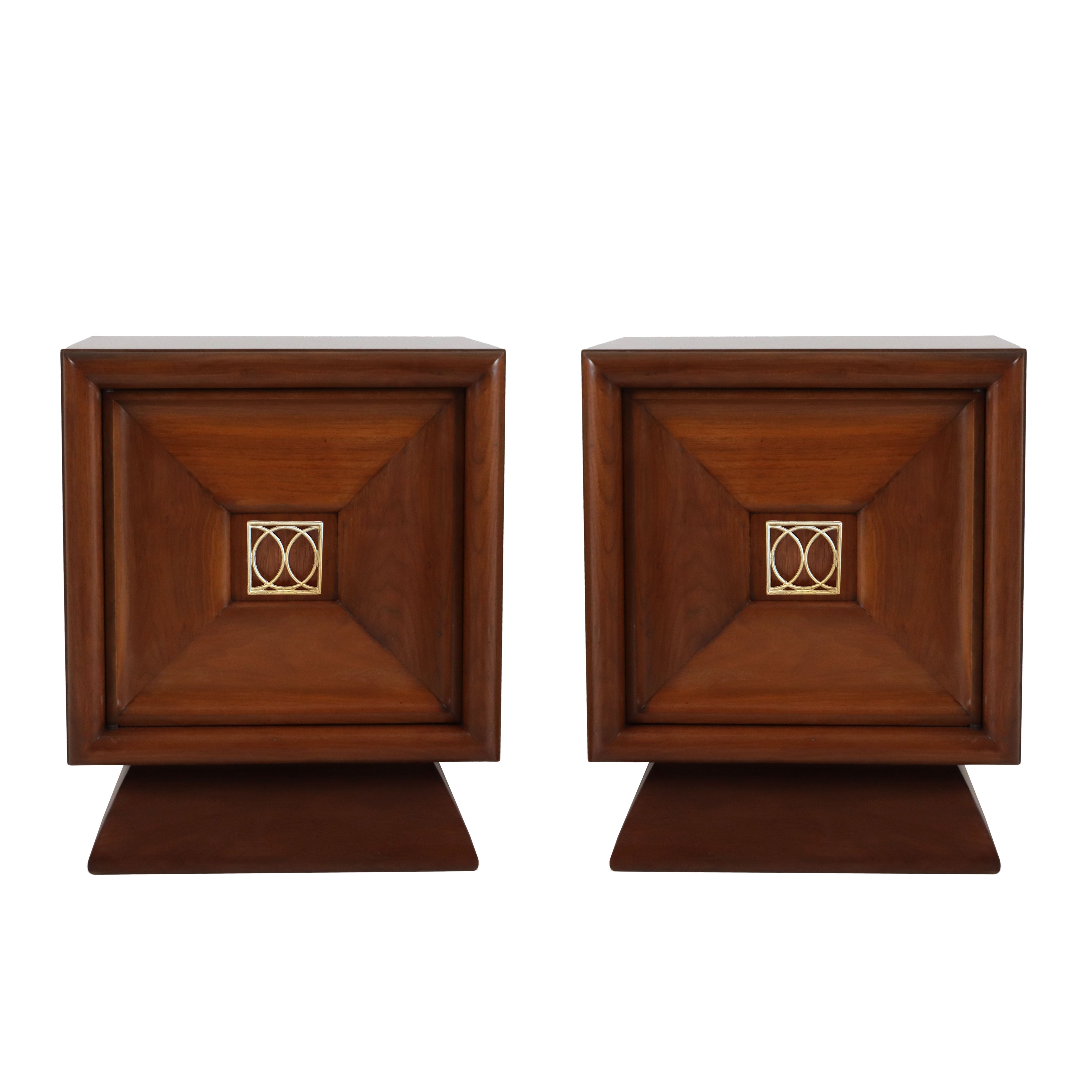 Pair of walnut side tables with brass details in the style of James Mont, c. 1960