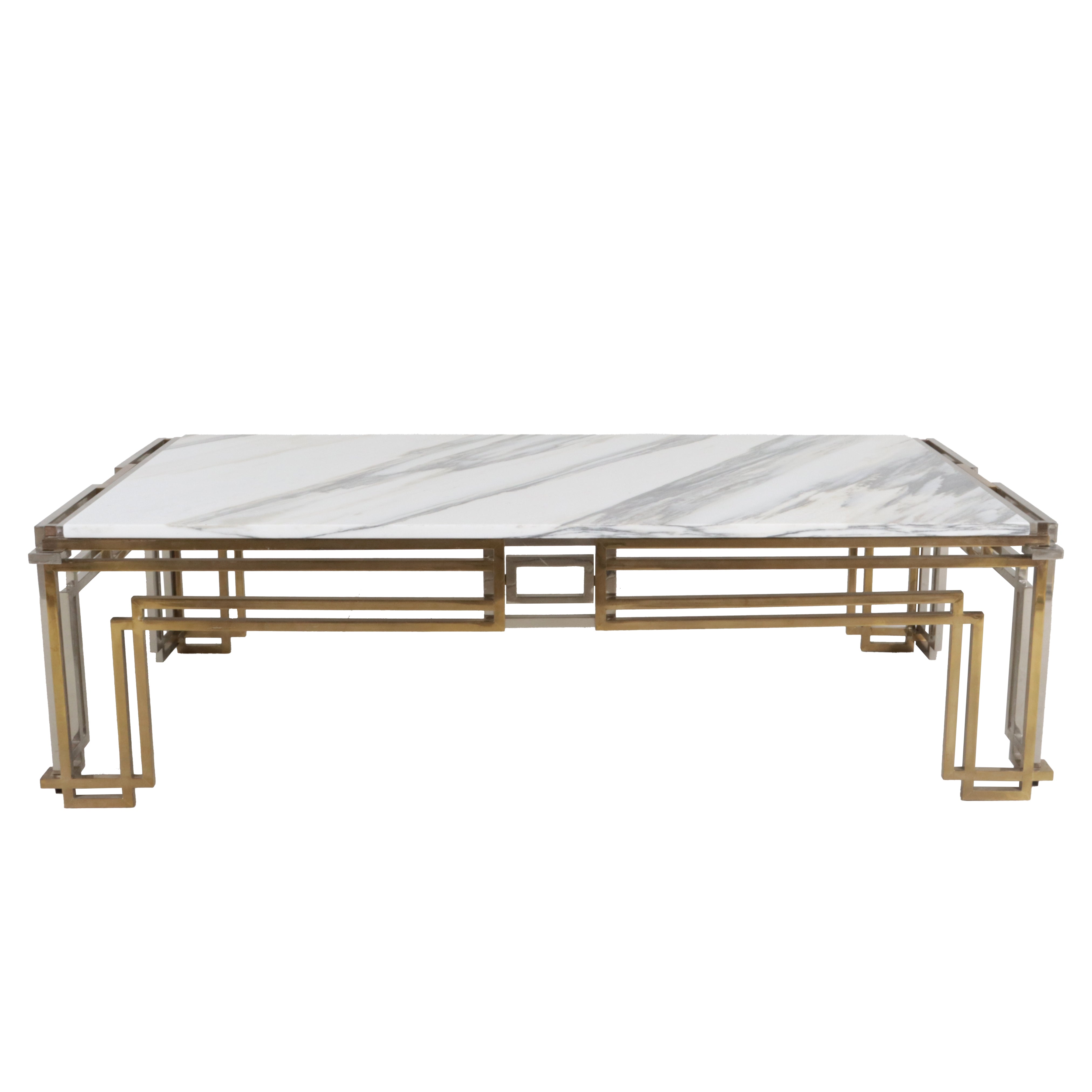 French nickel and brass coffee table with ivory marble top, c. 1970
