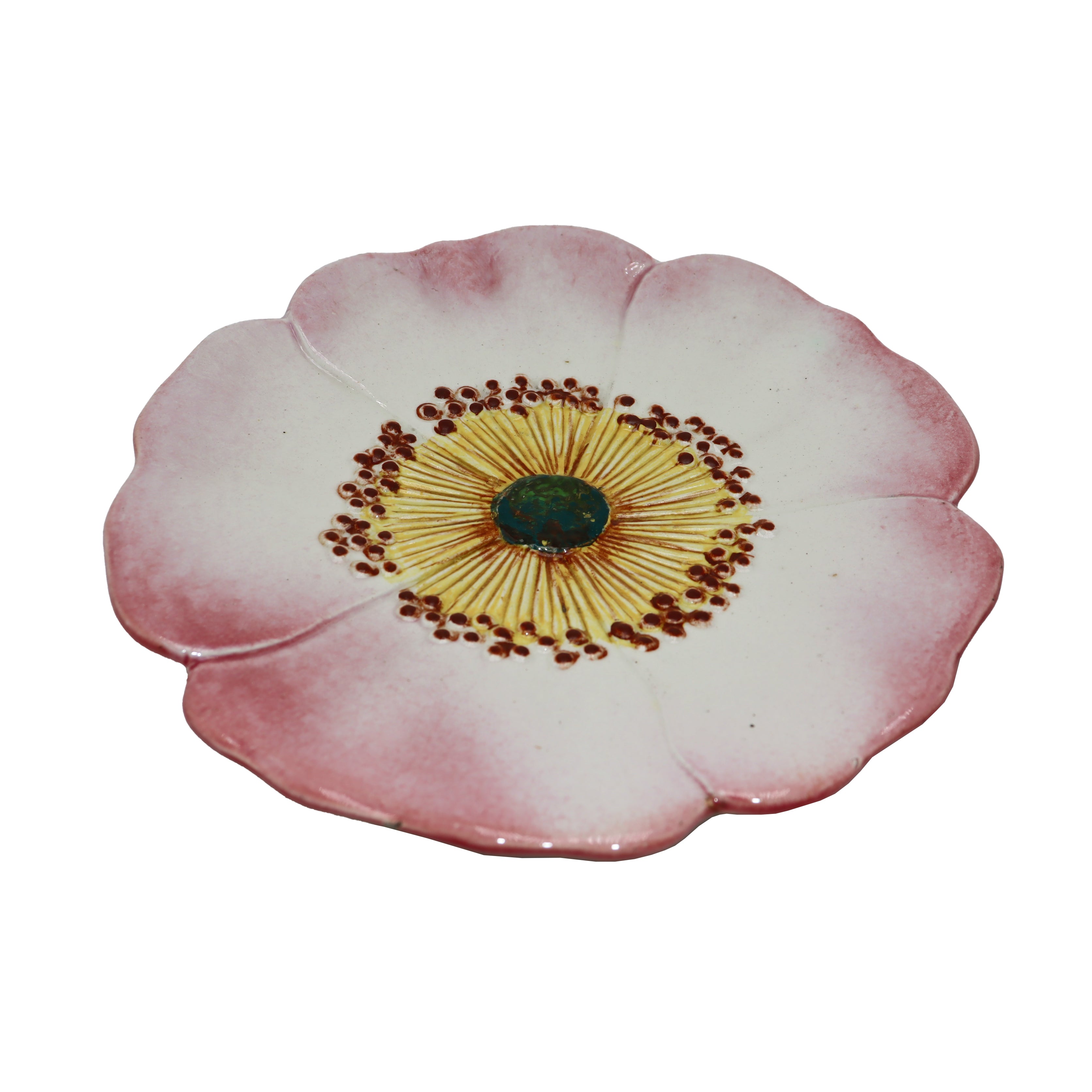 French Majolica pink floral plate, c. 1960