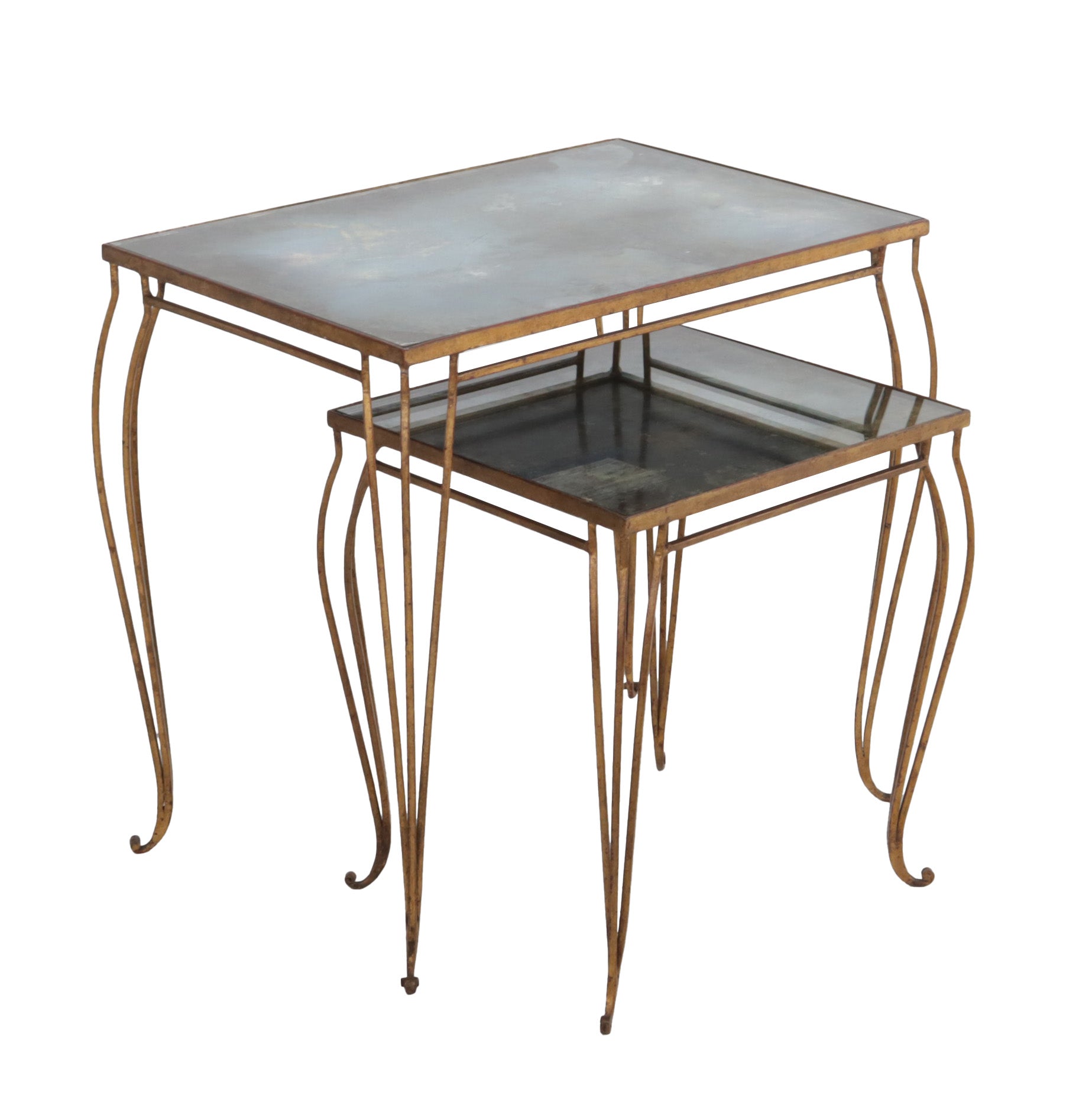 Set of large and small gilt iron nesting tables with smoked glass, c. 1940