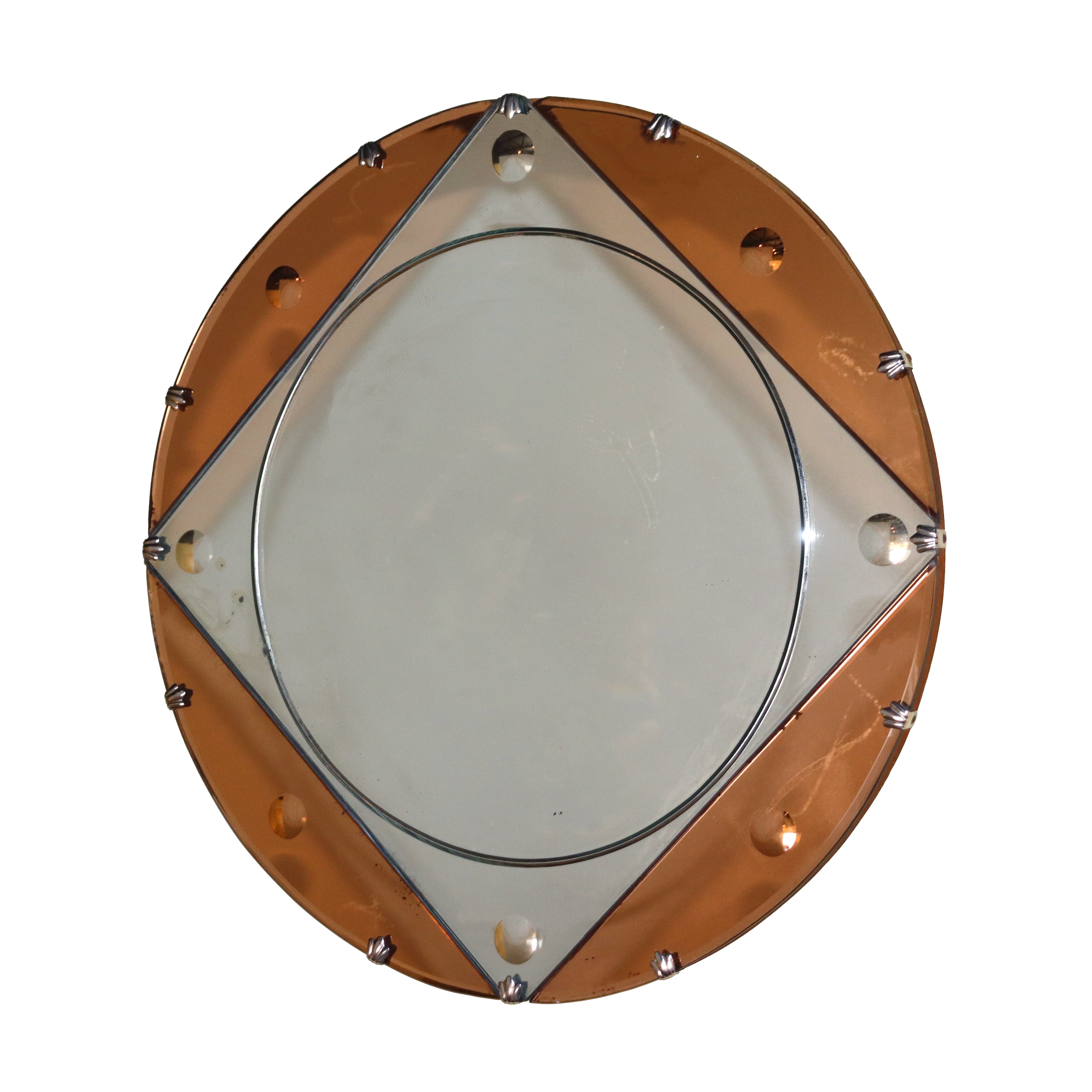 Art Deco rose colored glass mirror, c. 1960
