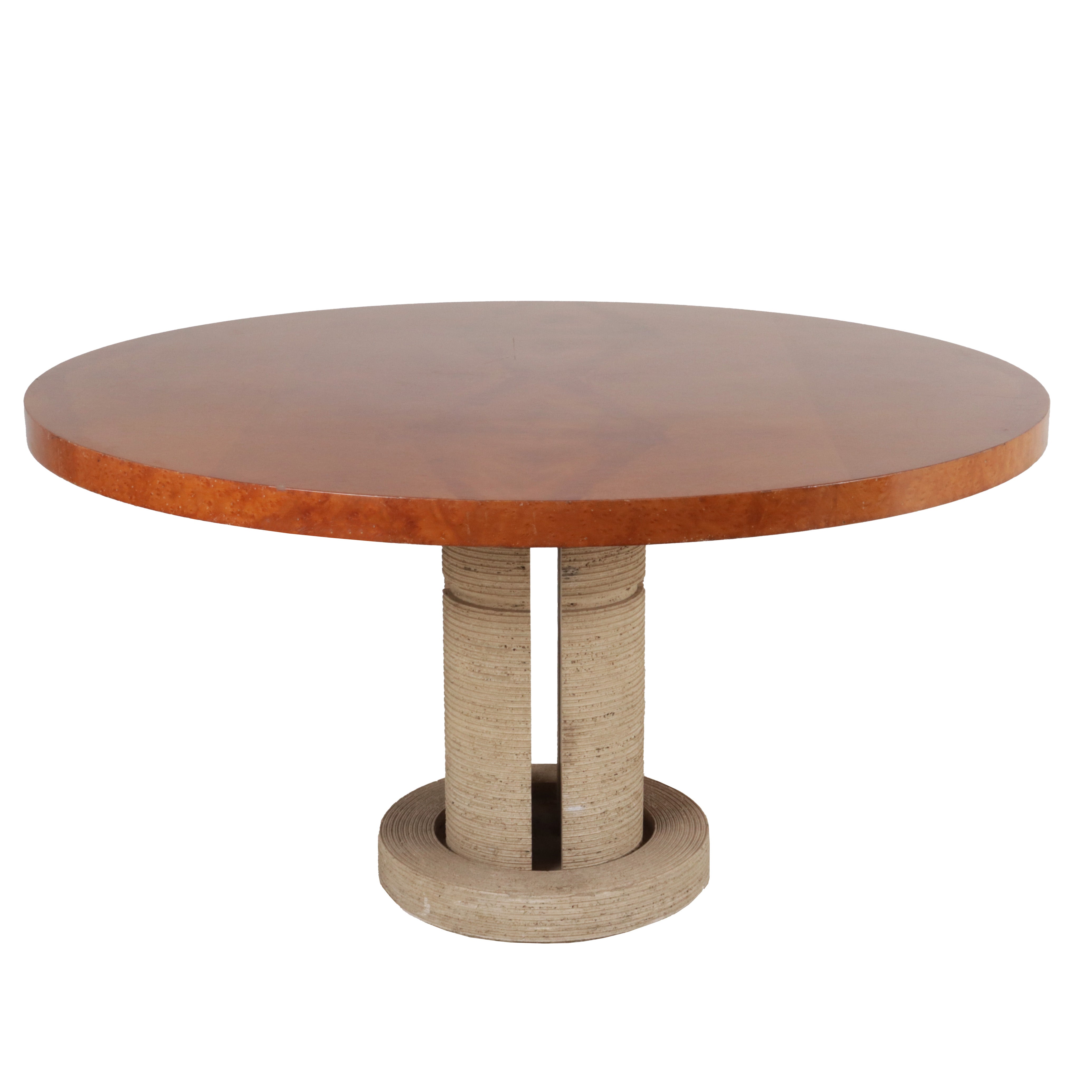 Round wood table with travertine pedestal, c. 1960