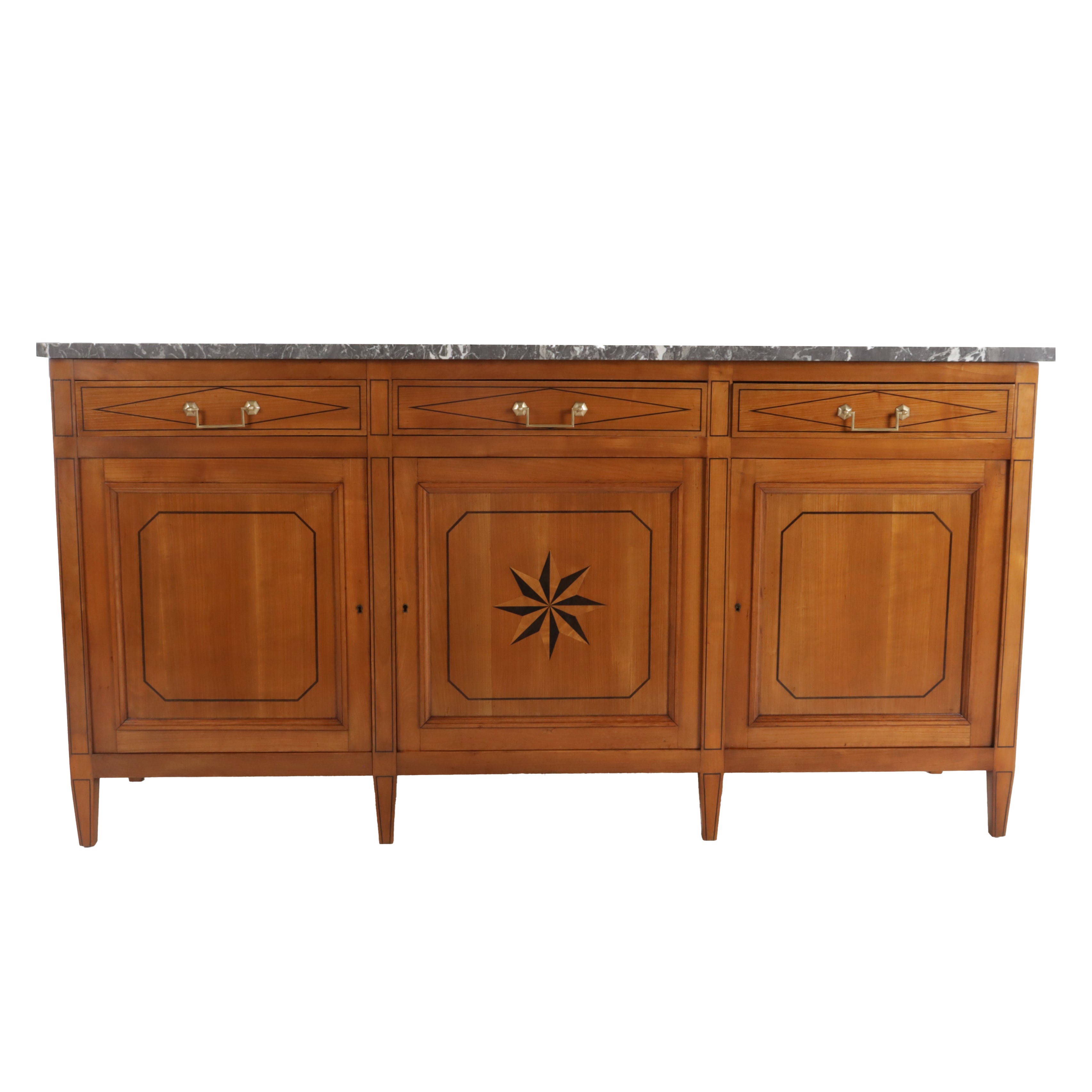 French Inlaid wood star buffet with marble top, c. 1960
