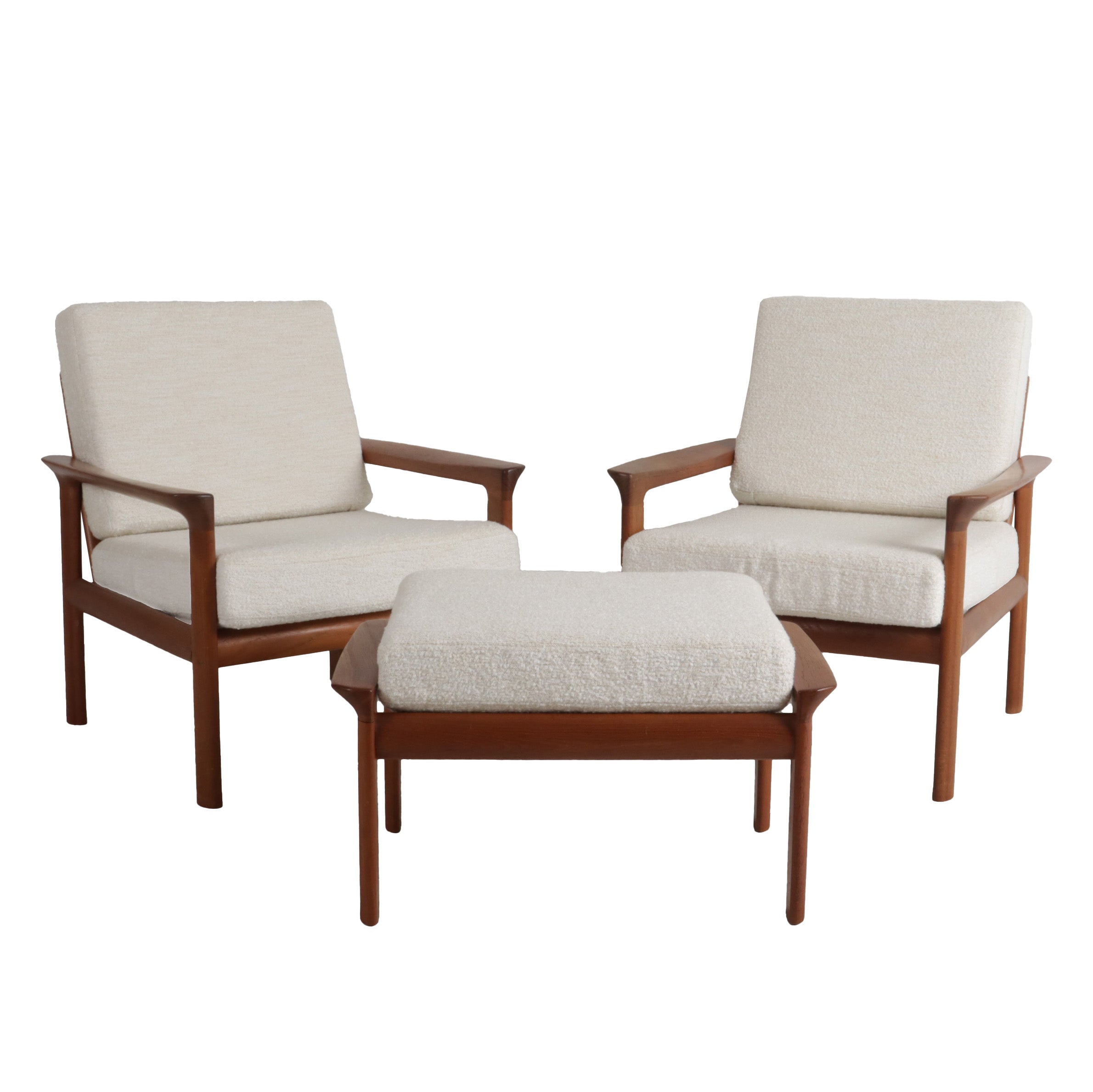 Pair of ivory boucle vintage chairs and ottoman, c. 1970