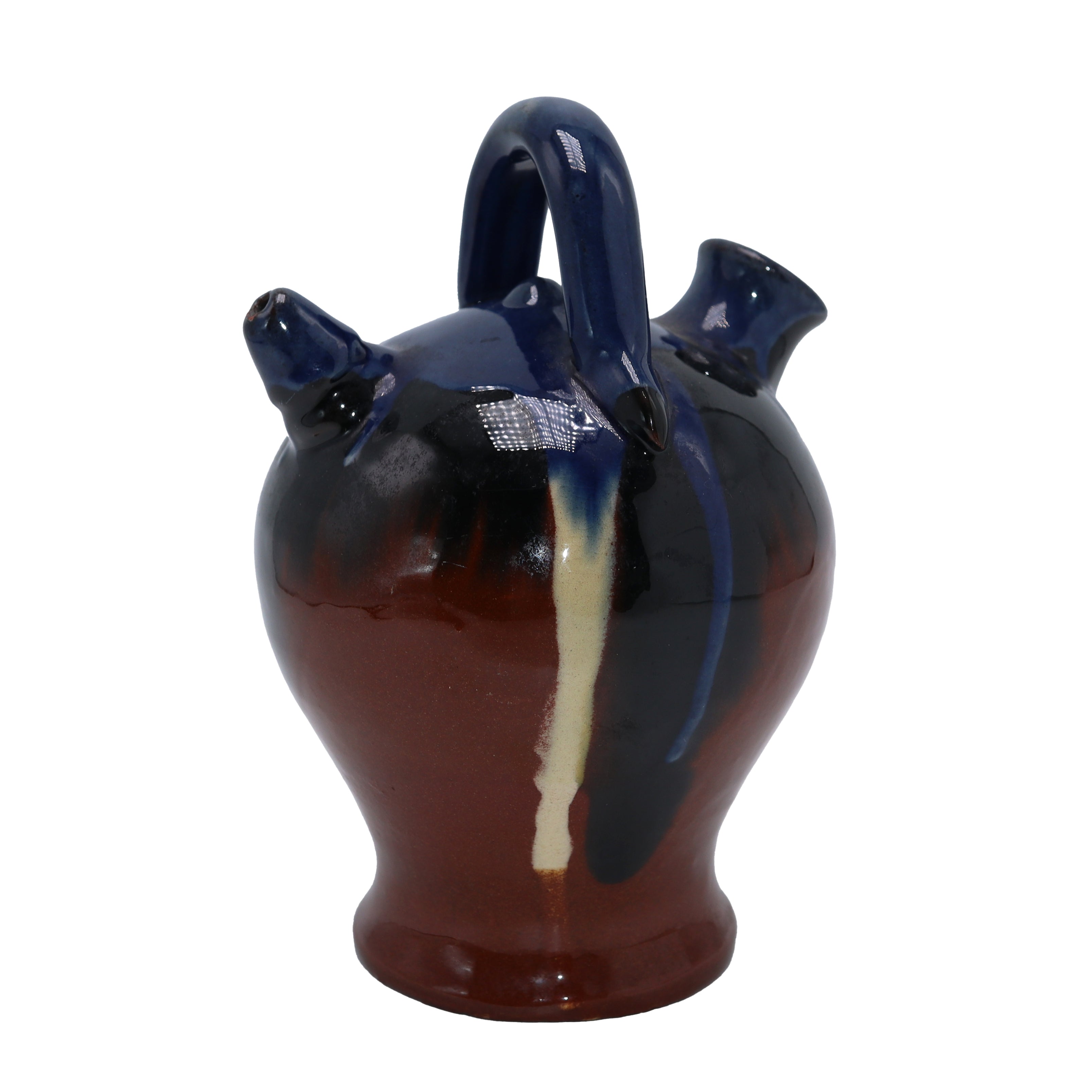 Small blue and brown ceramic glazed pitcher, c. 1970