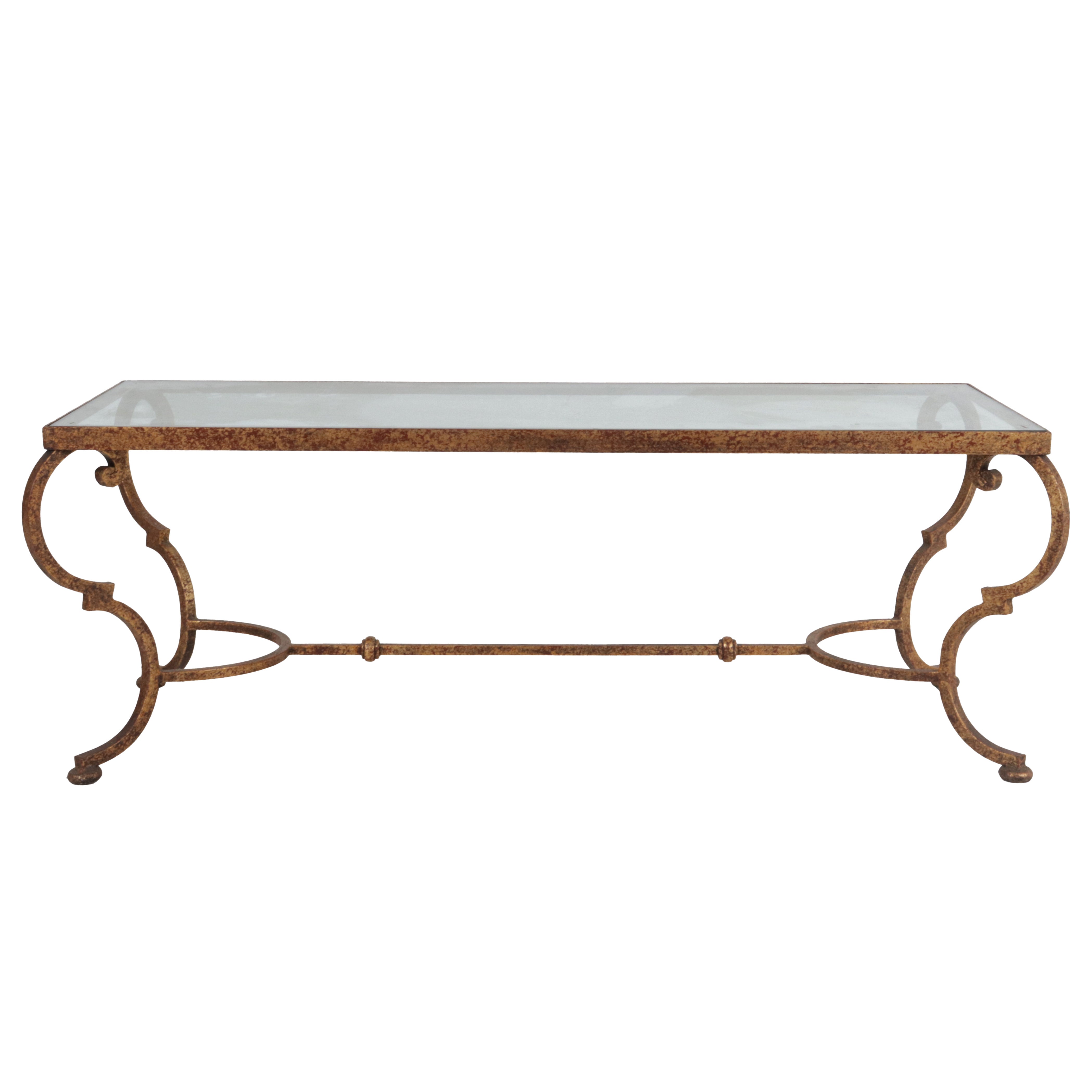 French gilded iron coffee table with clear glass top, c. 1940