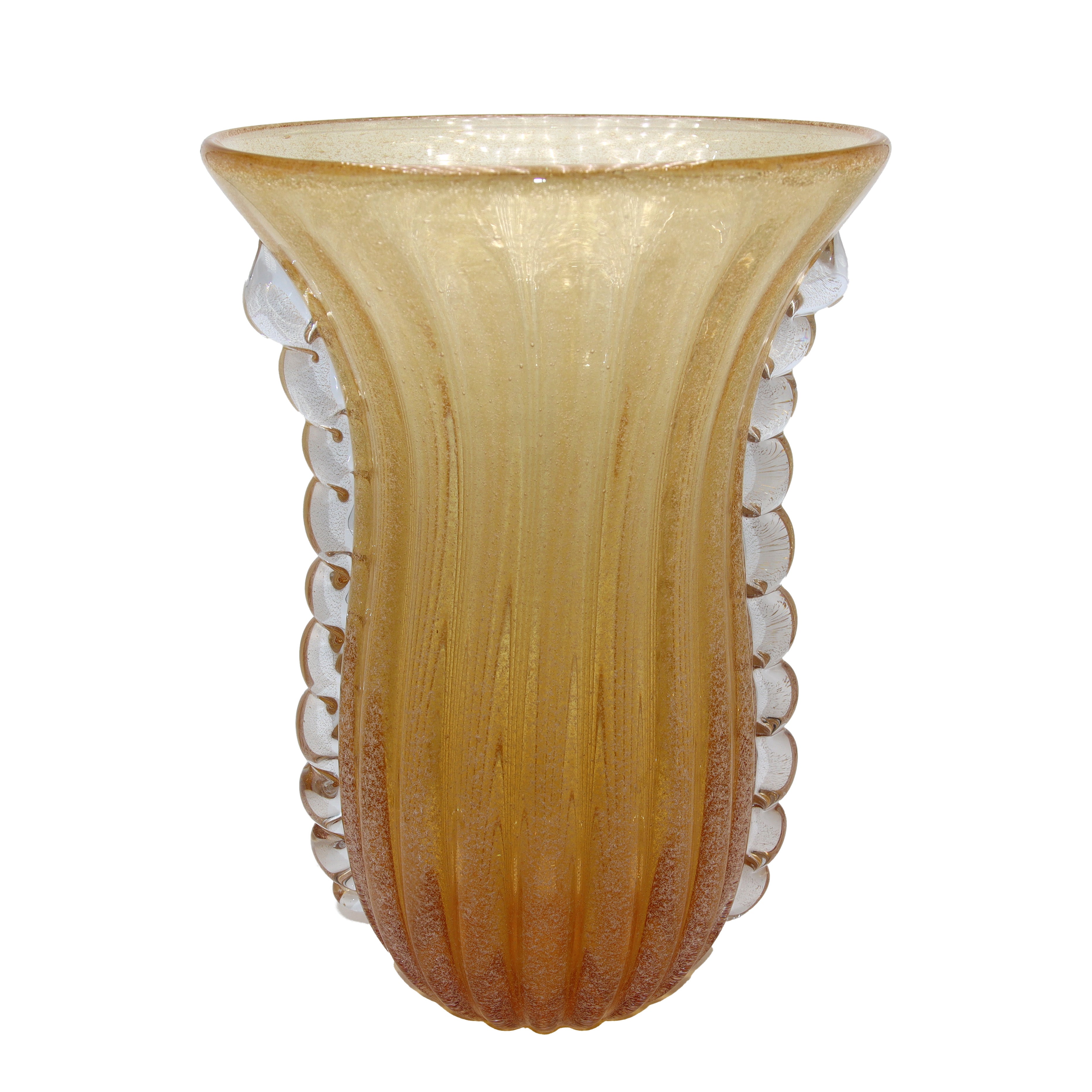 Large signed gold Murano Barovier glass vase with ribbon handle, c. 1950