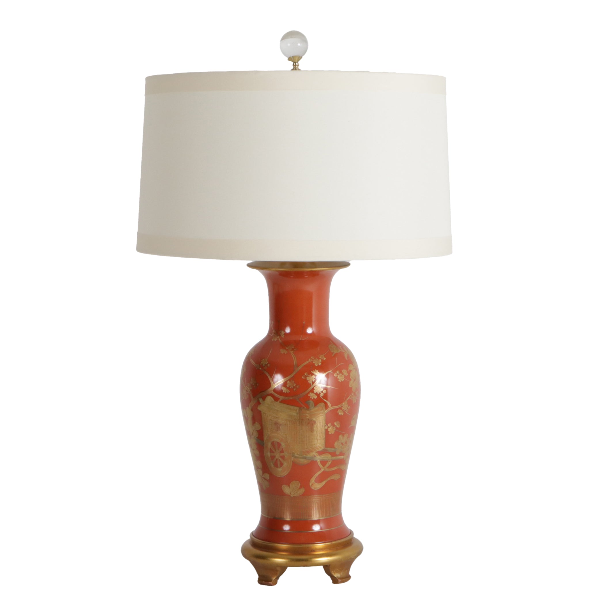 Pair of coral and gilt Marbro porcelain lamps, c. 1960