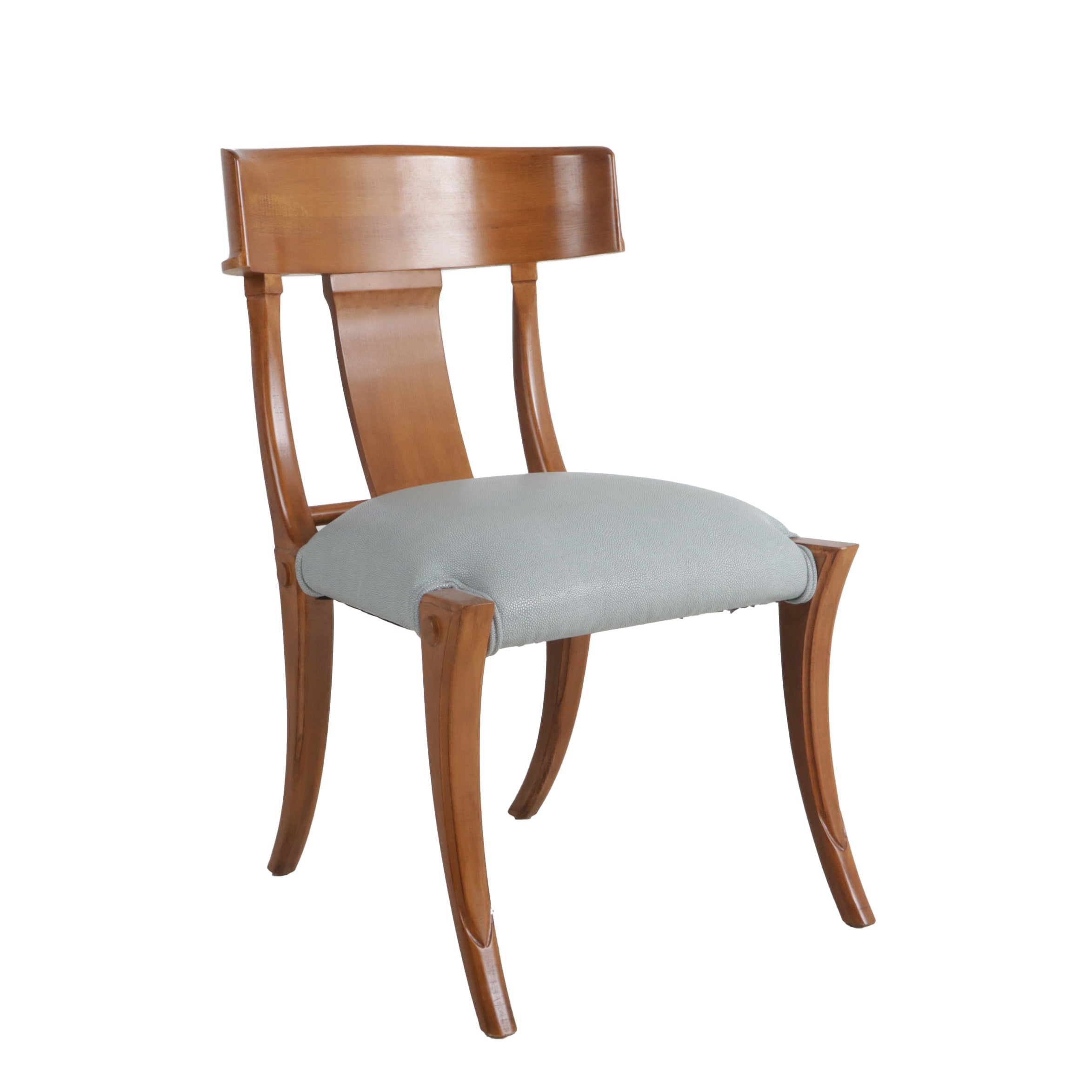 Single walnut chair with blue faux shagreen in the style of Robsjohn Gibbings, c. 1960