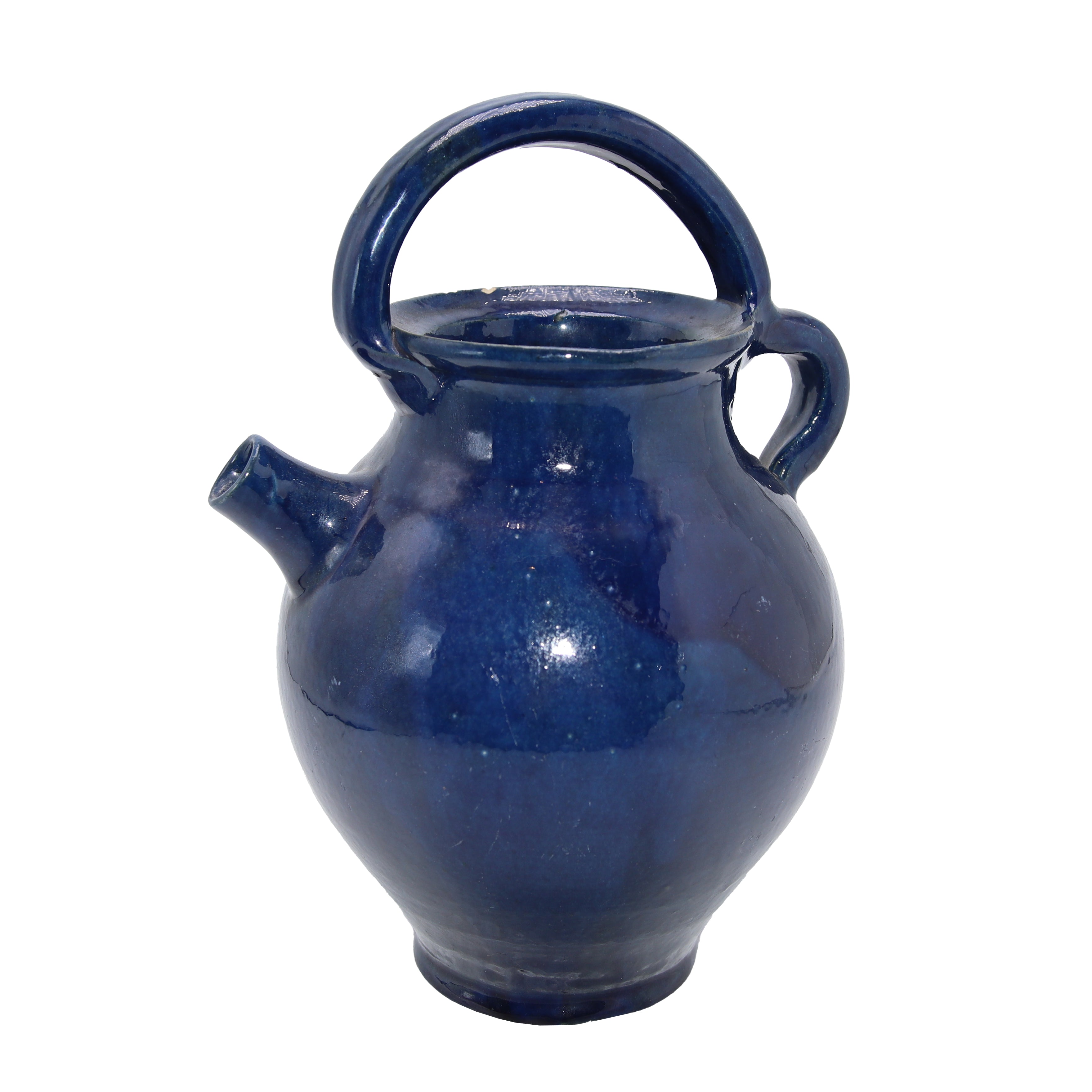Blue glazed ceramic pitcher with handle, c. 1970
