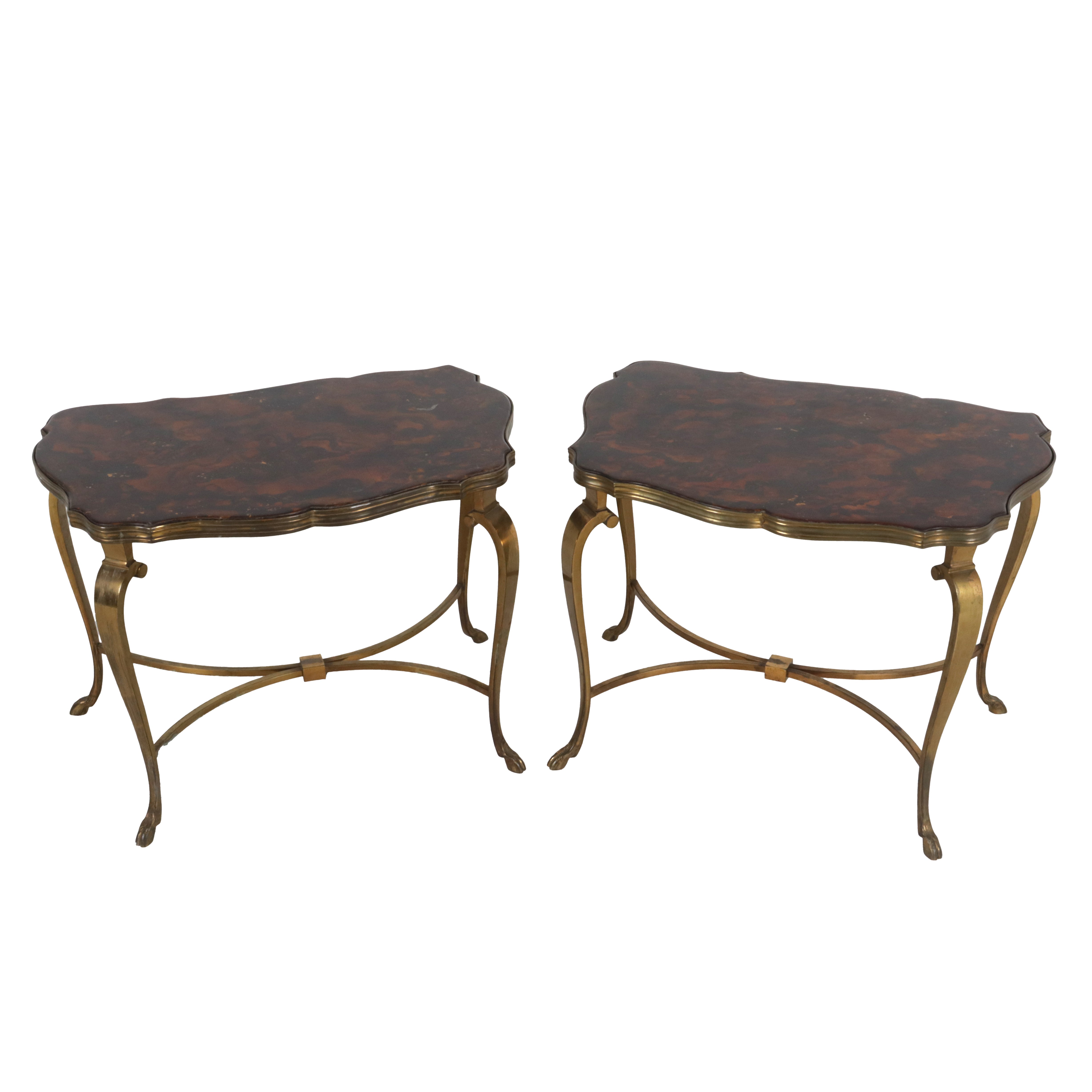 Pair of tortoise eglomise tables with brass bases, c. 1940