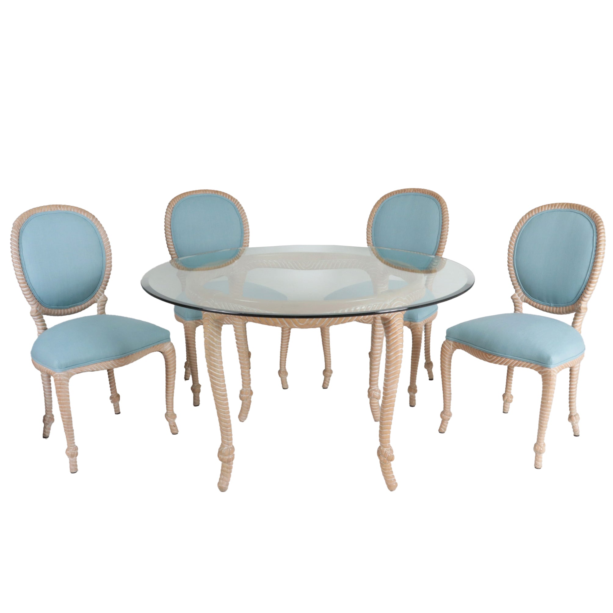 Vintage glass dining table and blue chairs with rope detail, c. 1960