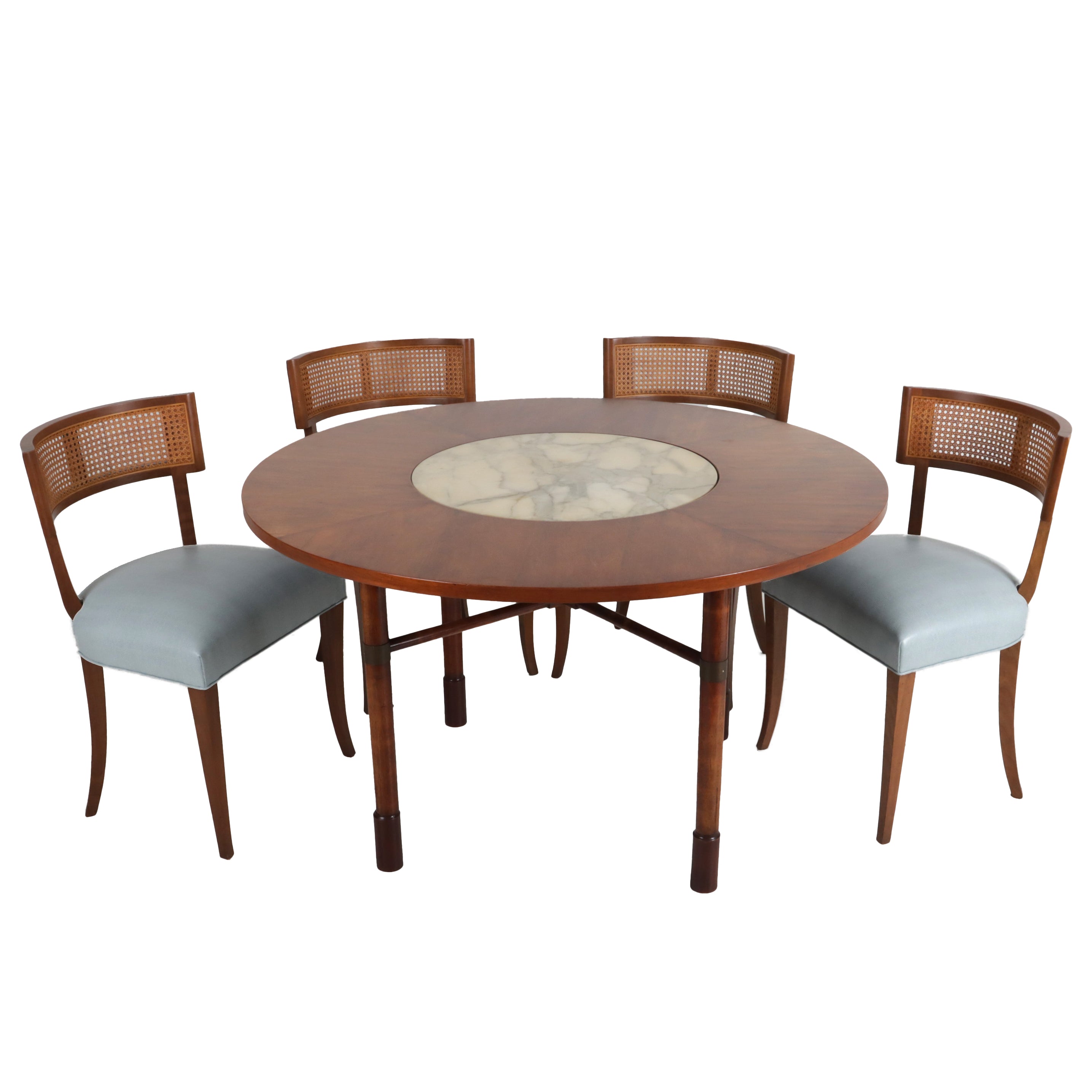 Set of four cherry & cane back chairs with round marble and wood table, c. 1960