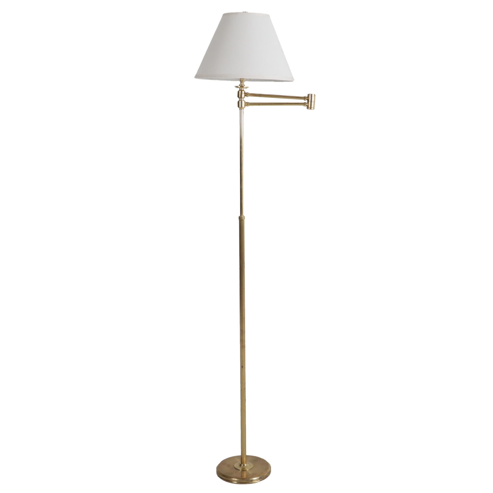 French brass swing arm floor lamp with shade, c. 1950