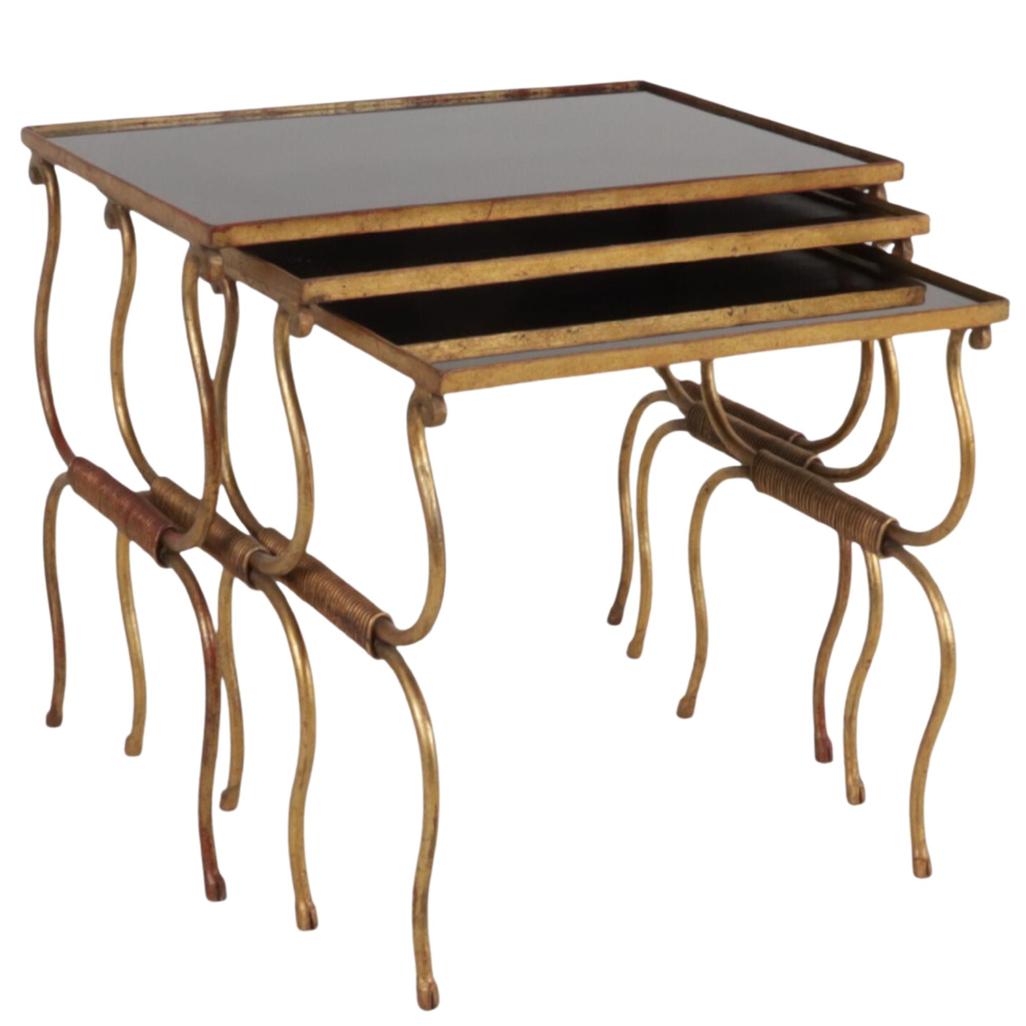 Set of gilt iron nesting tables with black glass tops, c. 1940