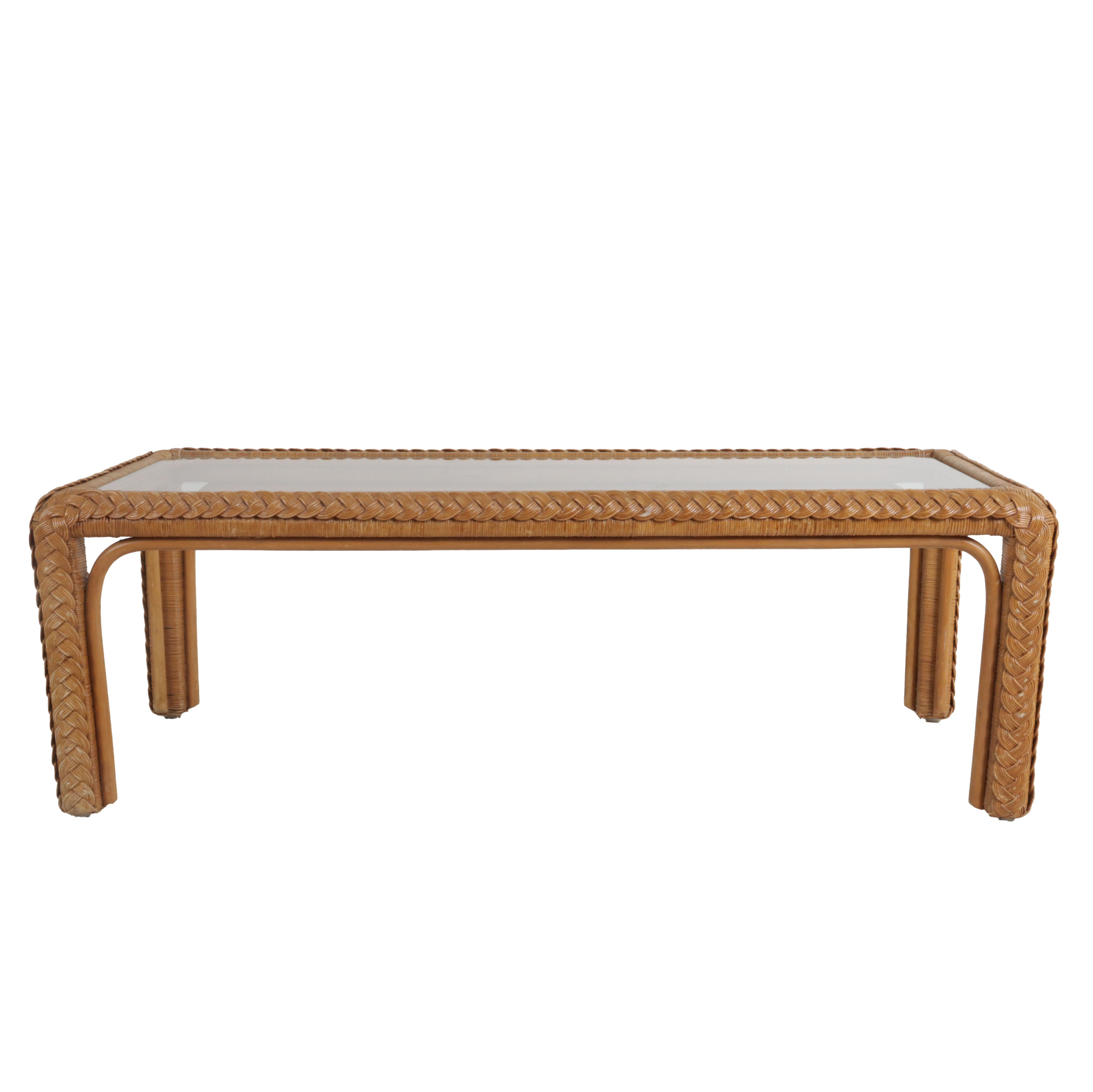 Braided rattan coffee table with glass top, c. 1970