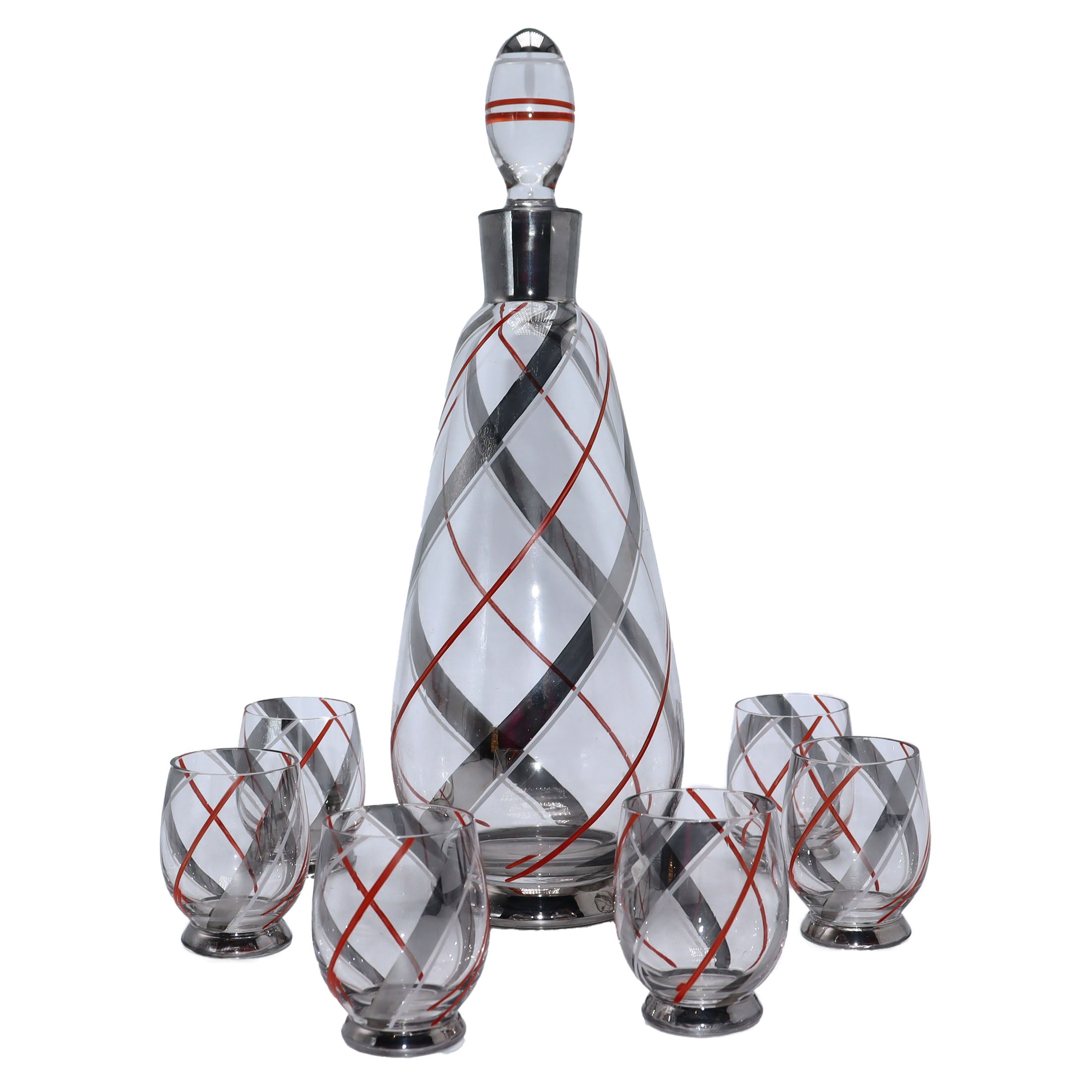 Chrome and coral swirl glass decanter set with 5 glasses, c. 1970