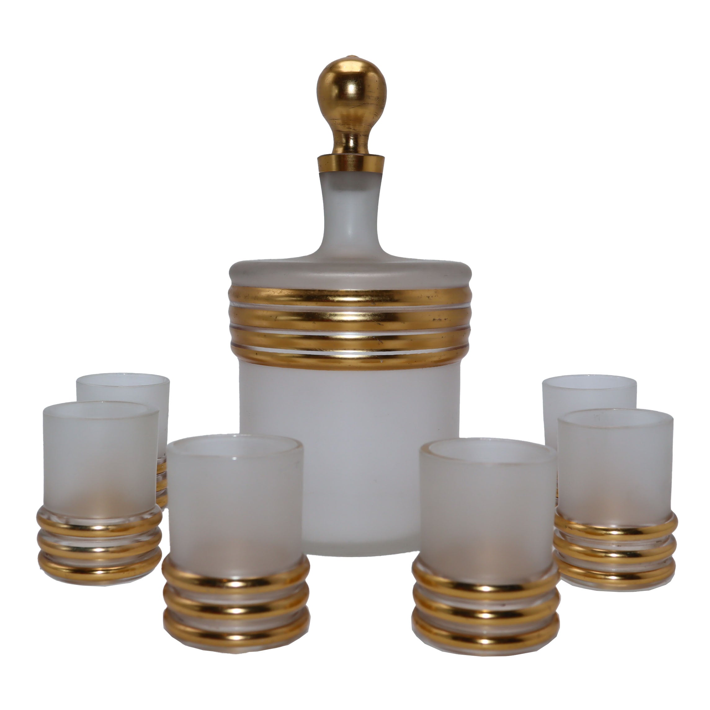 Frosted and gilt glass decanter set with 5 glasses, c. 1972