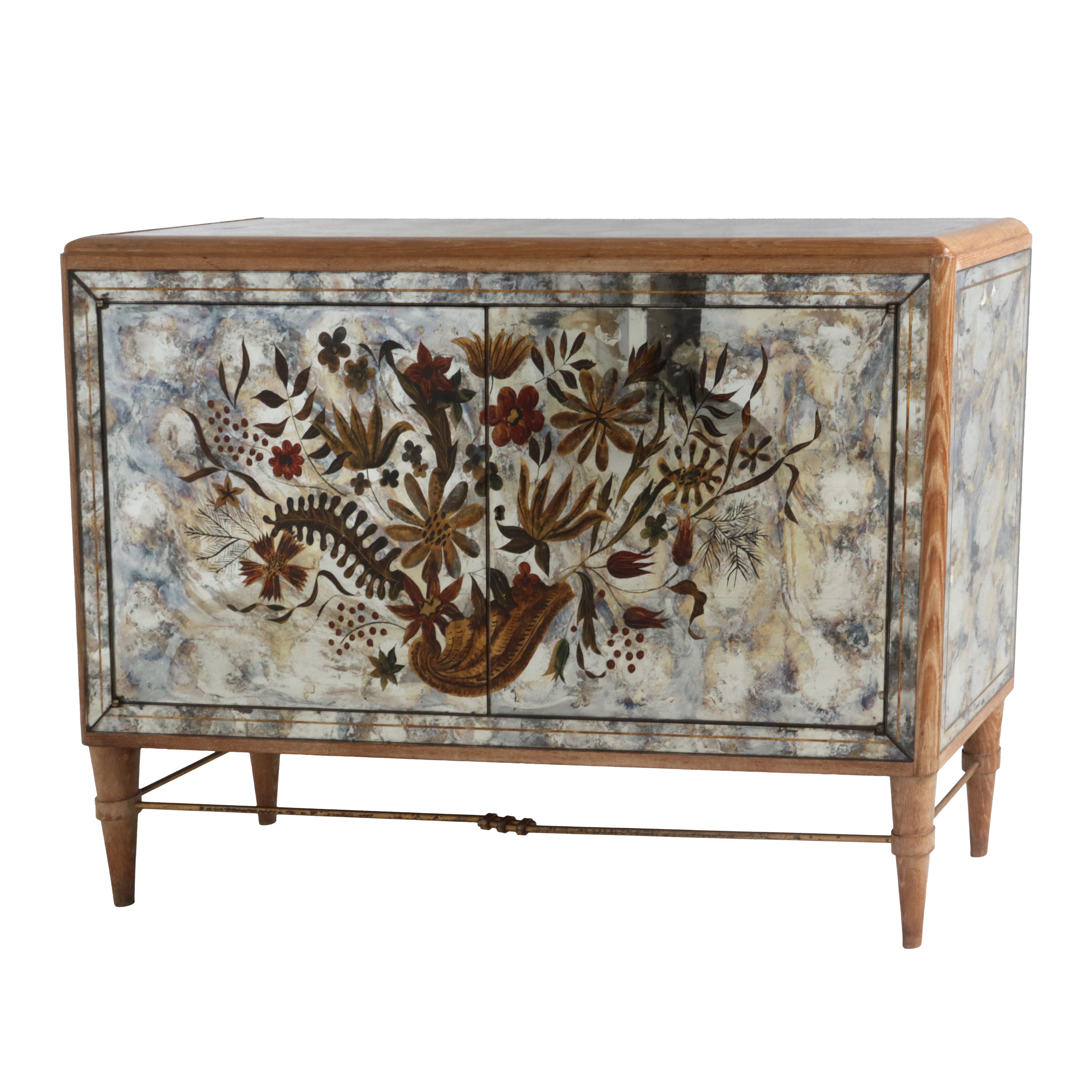 Oak and mirror bar with floral eglomise, c. 1940
