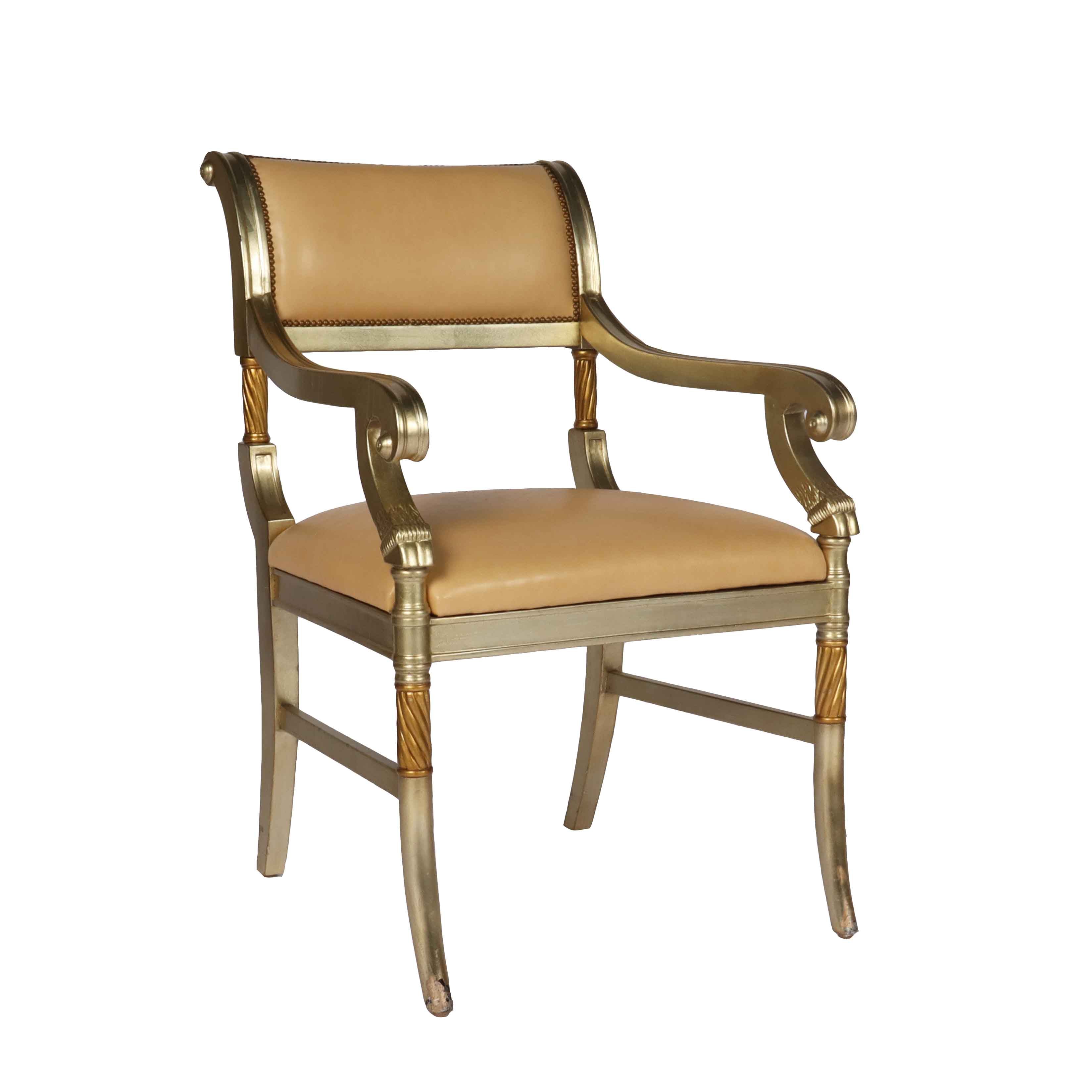 Pair of warm silver leaf chairs with leather, c. 1950