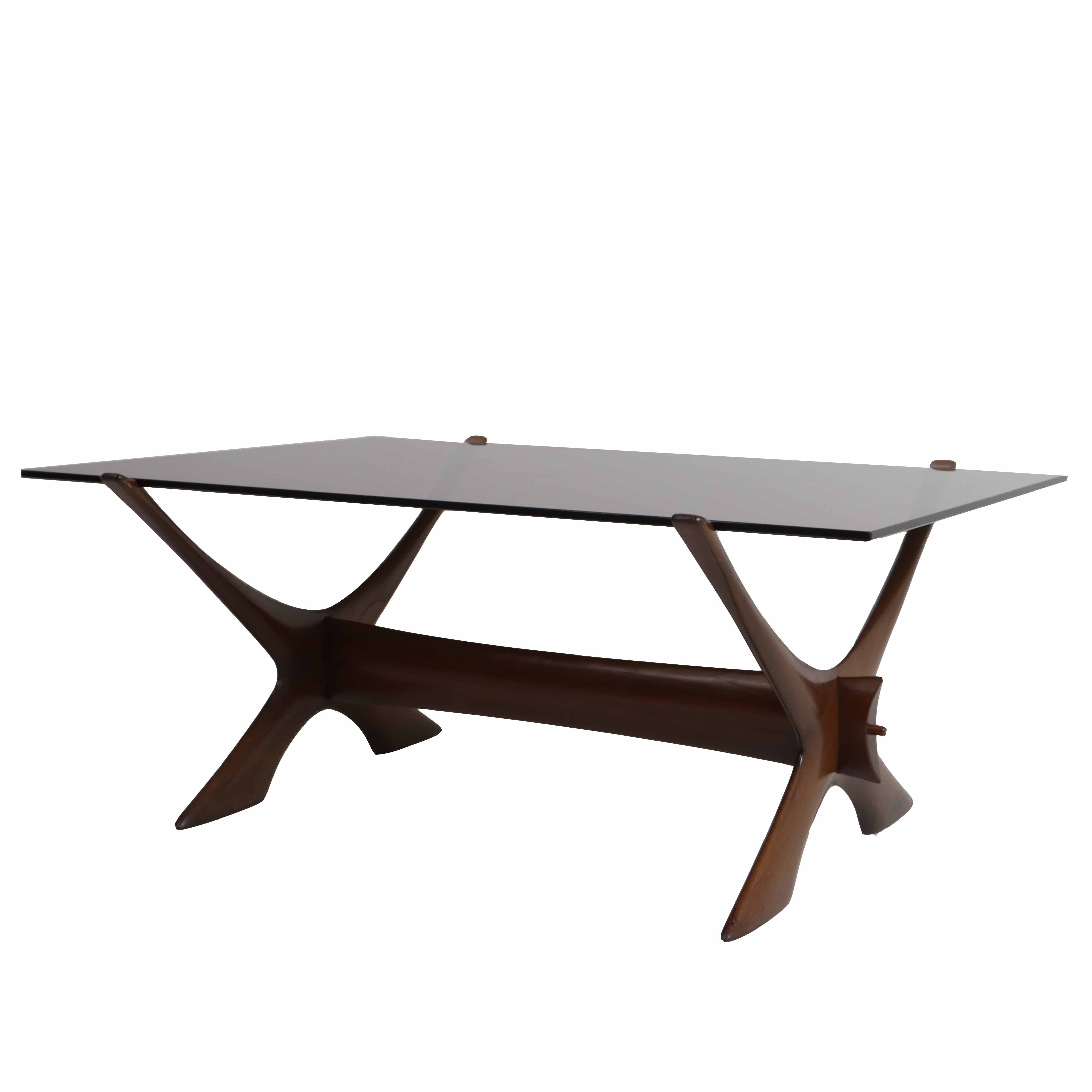 Scandinavian hand carved coffee table with smoke glass top, c. 1960