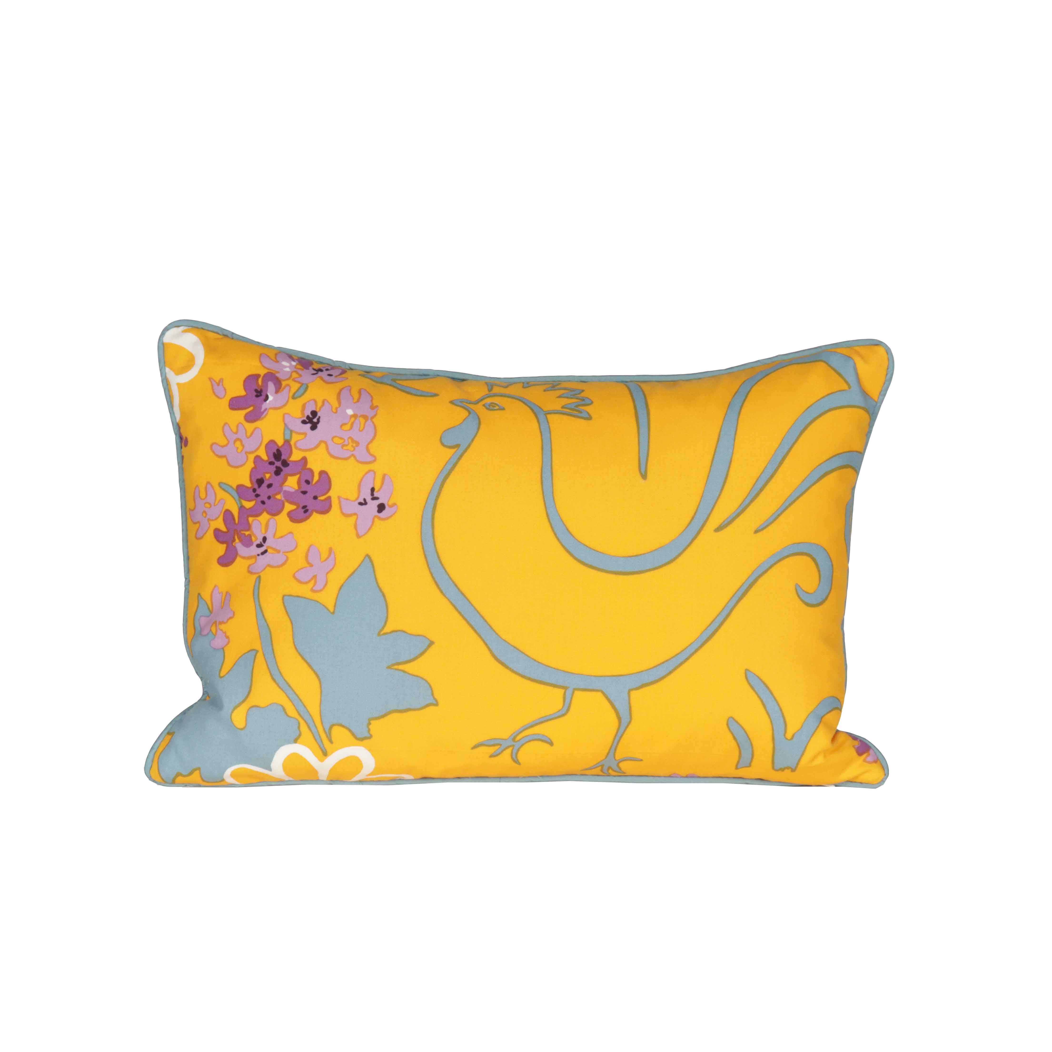 Single yellow vintage Brunschwig & Fils chicken lumbar pillow