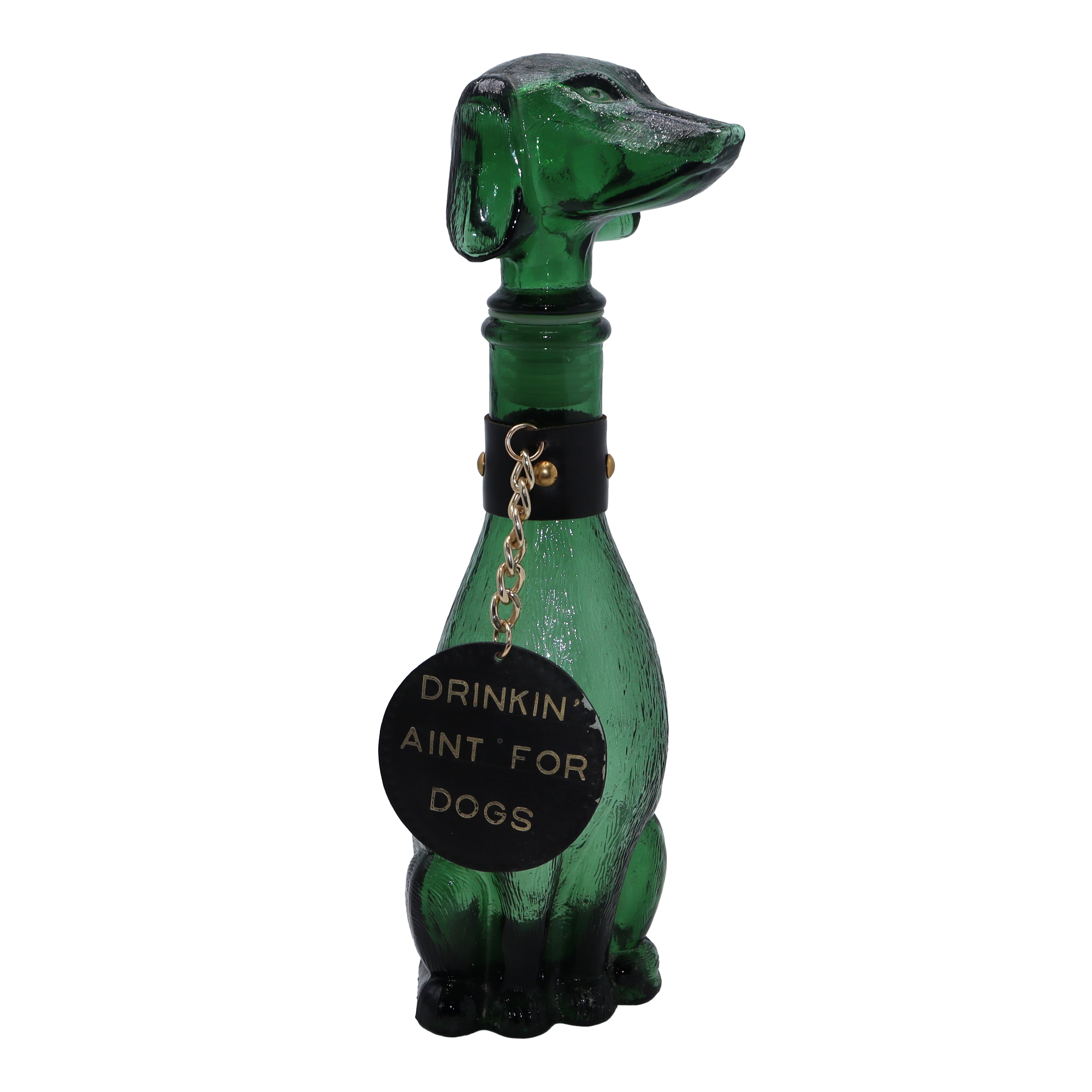 Green Empoli glass dog decanter with tag, c. 1960