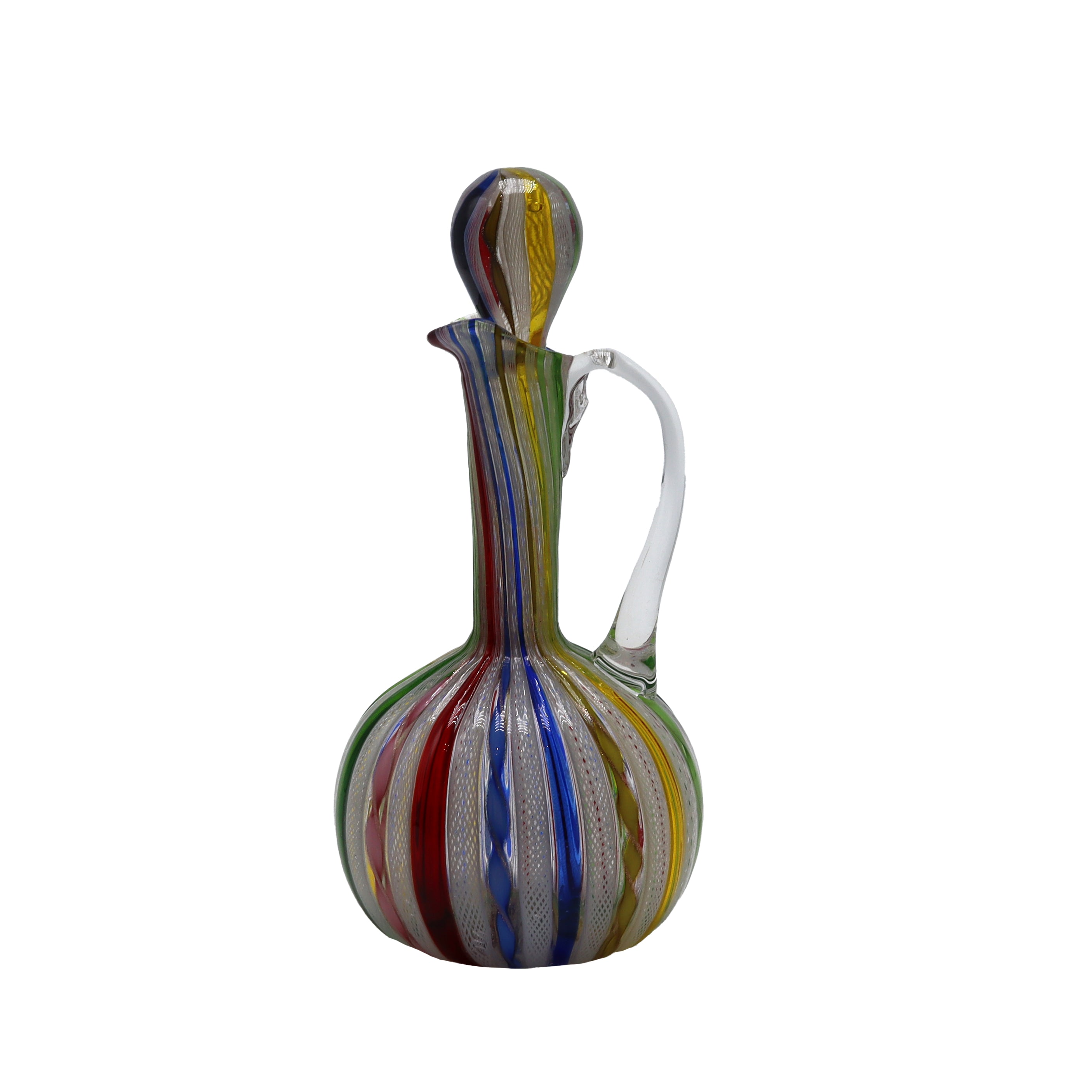 Multi-colored Murano Latticino Reticello glass decanter, c. 1950