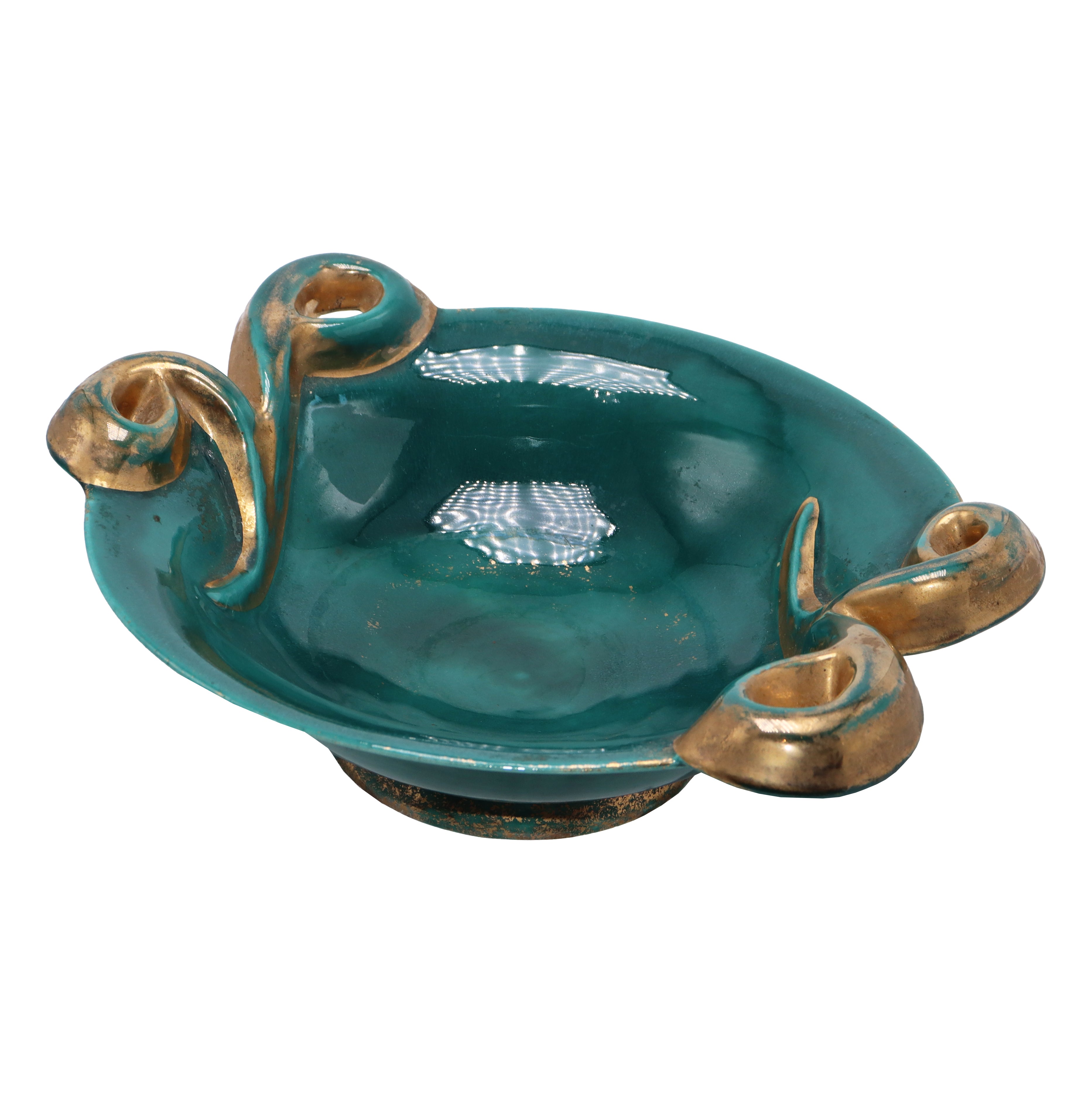 French teal and gold ceramic signed fruit dish, c. 1950