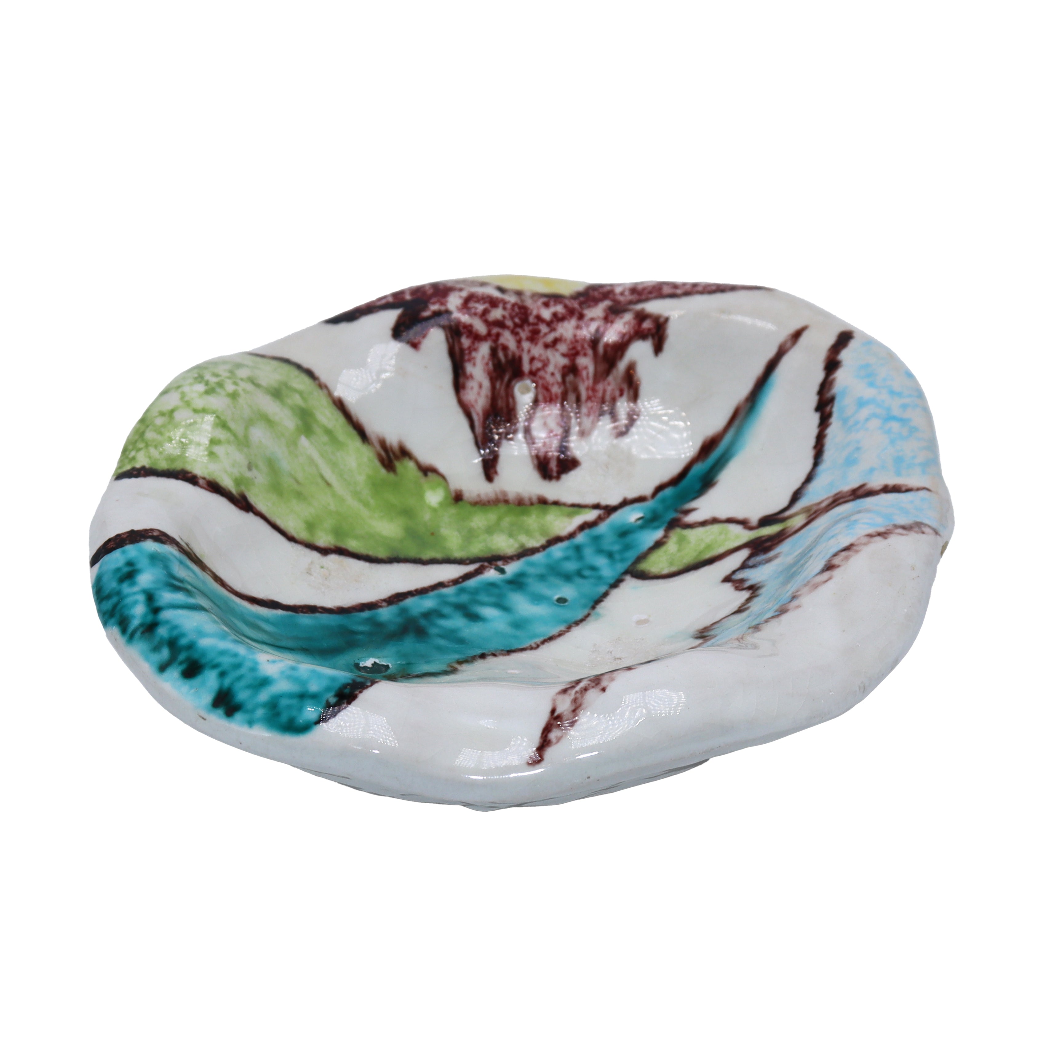 Ivory, blue, and green Italian ceramic signed bowl, c. 1950