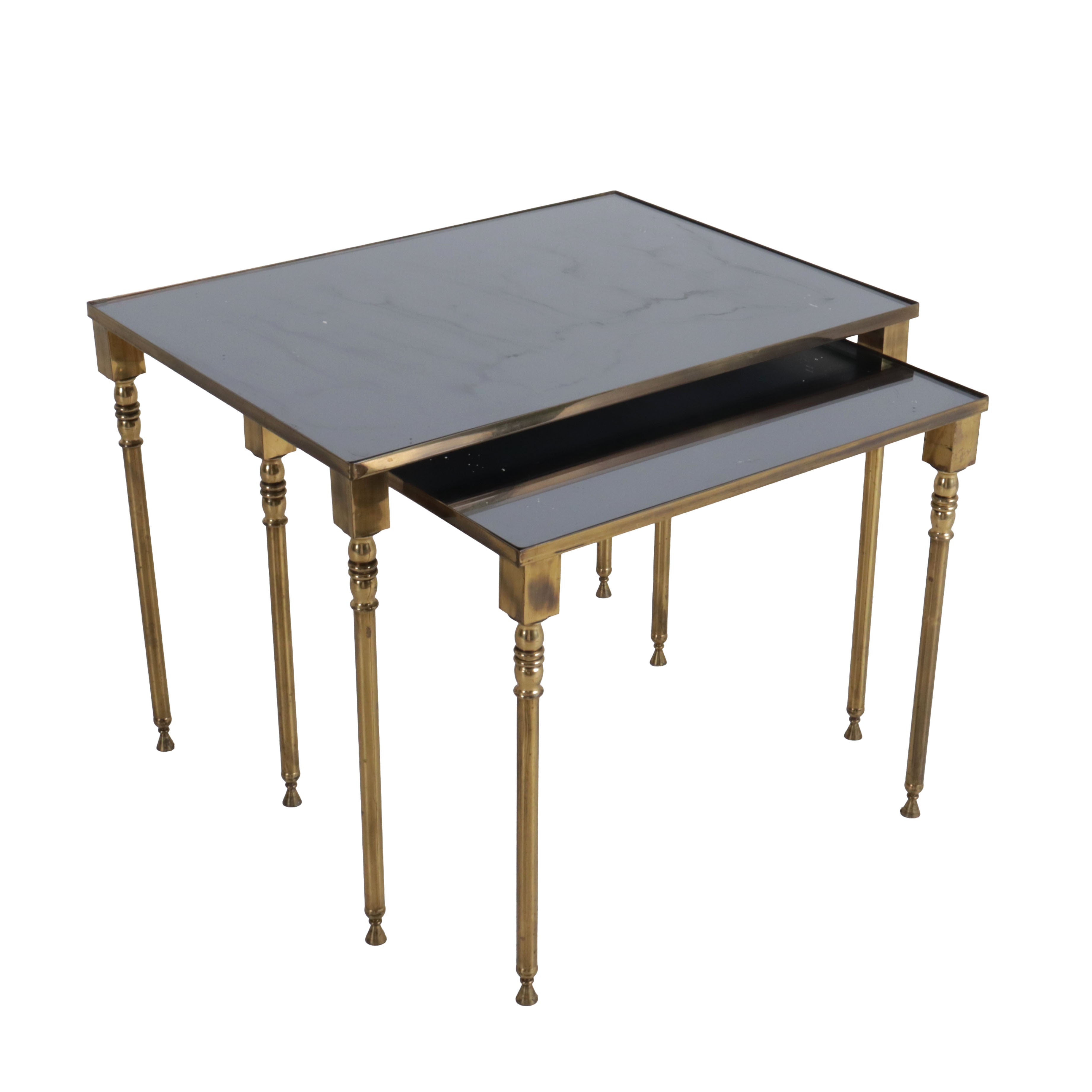 Set of 2 French glass and brass nesting tables, c. 1960