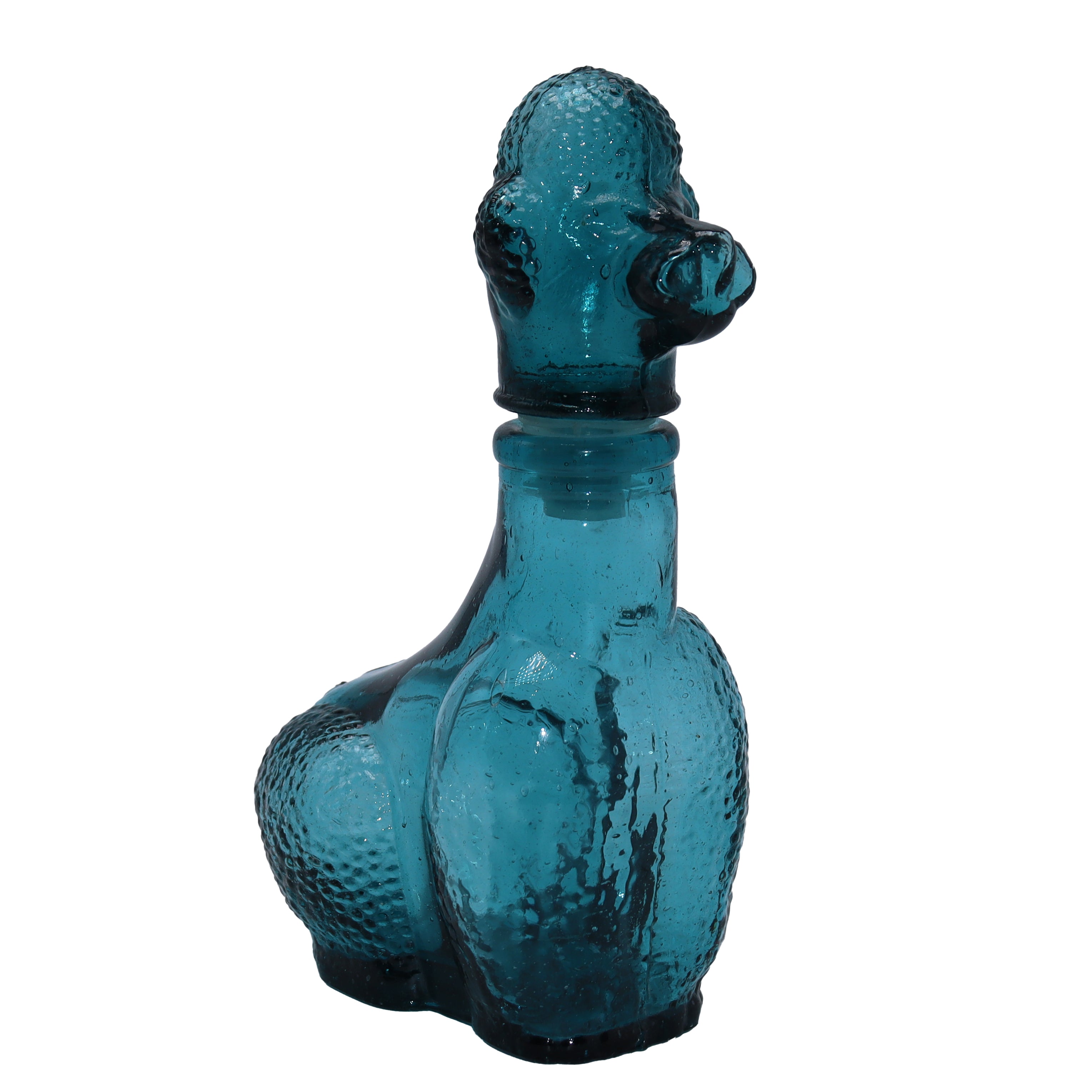 Teal glass poodle dog decanter, c. 1960