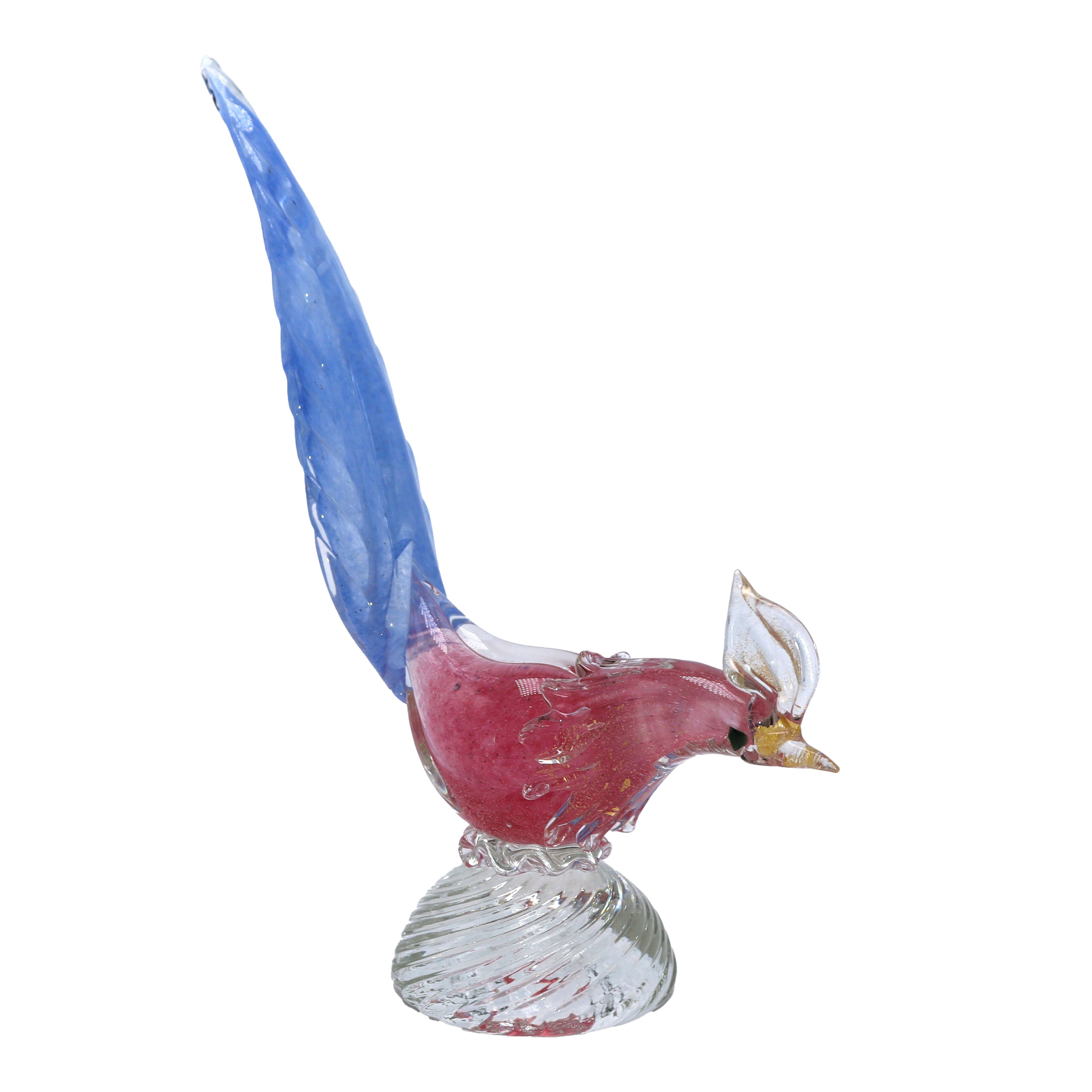Periwinkle and coral Murano glass pheasant with gold inclusions, c. 1950