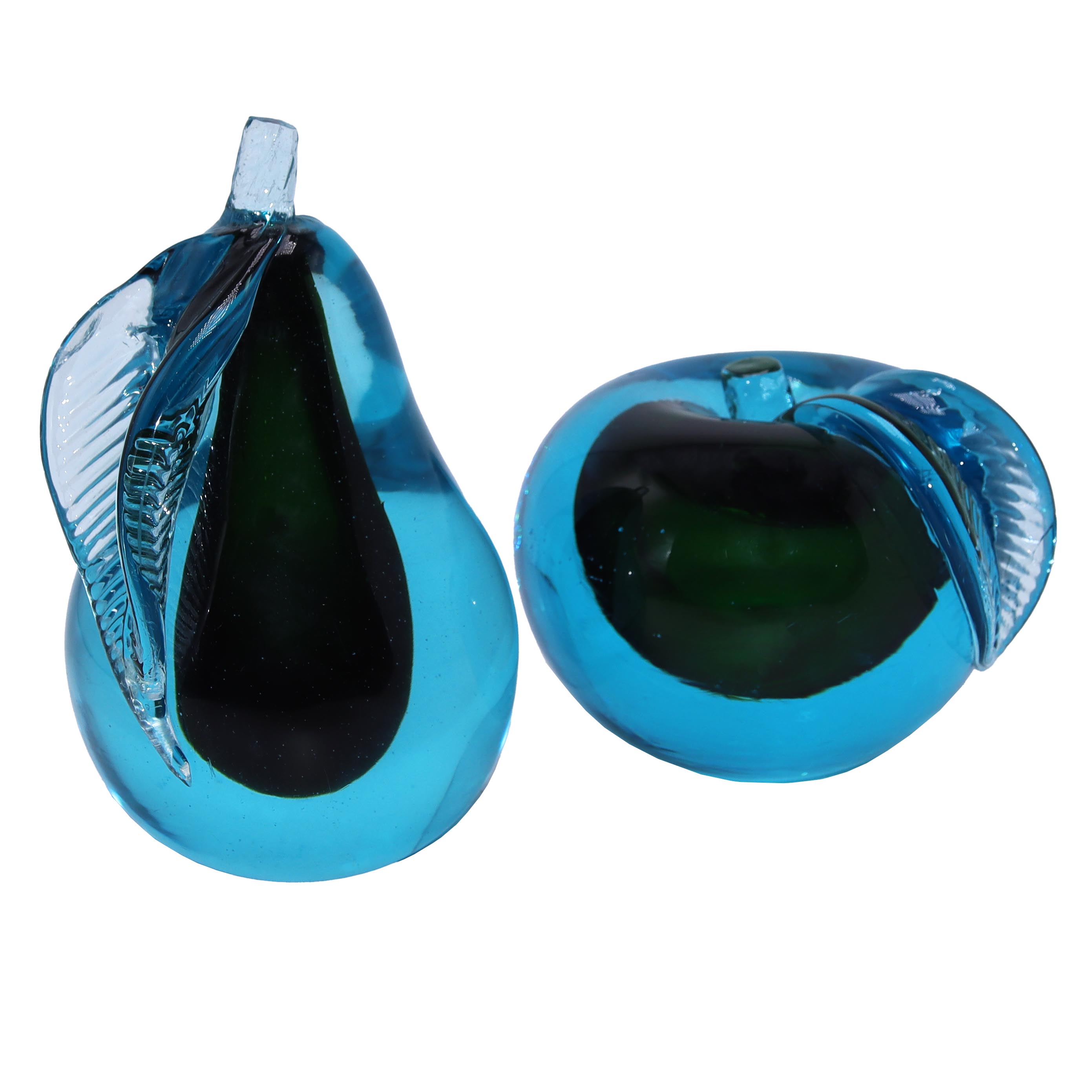 Dark turquoise Murano pear and apple paperweights, c. 1950