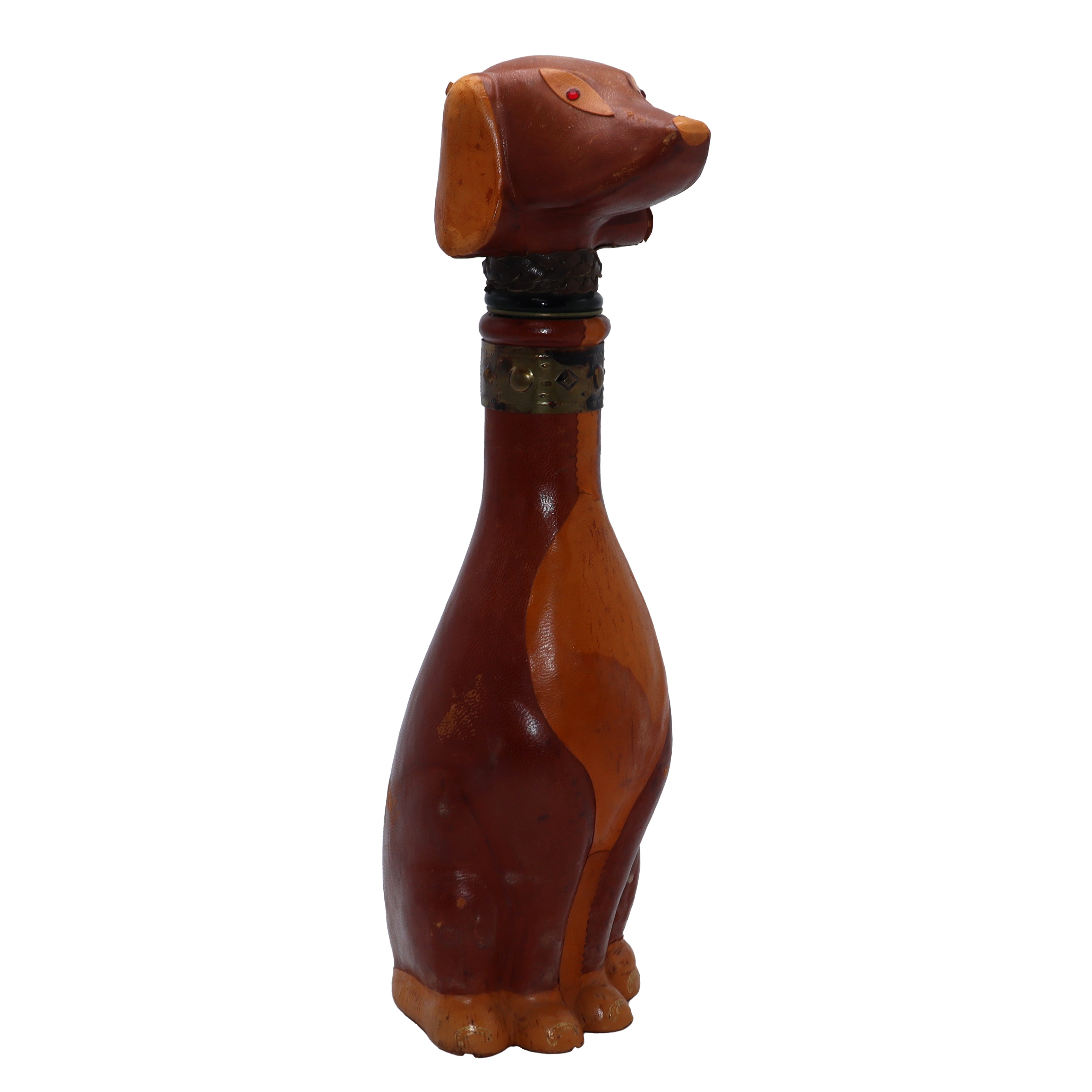Leather wrapped wood Dacshund dog decanter, c. 1960