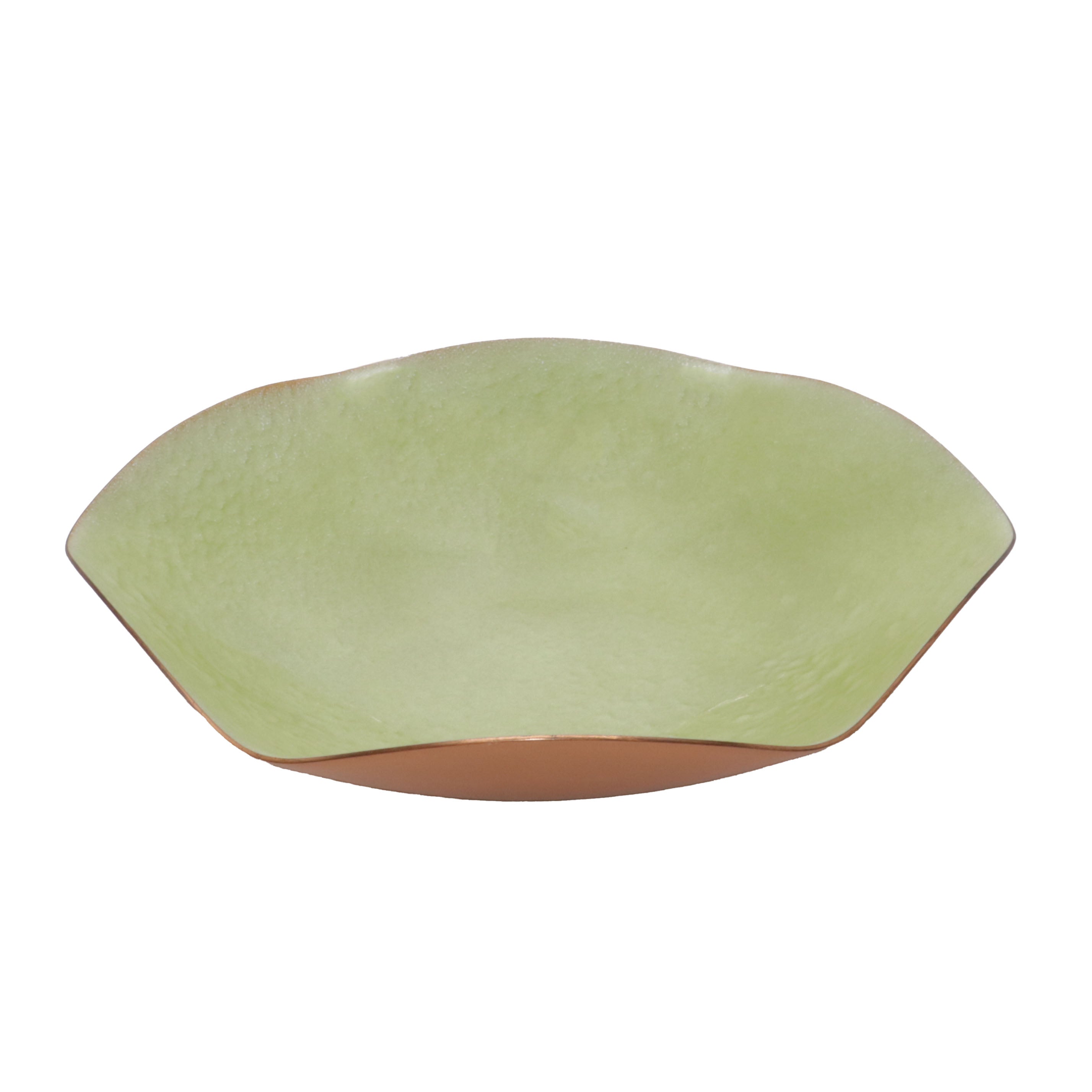 Chartreuse Leon Statham signed copper bowl, c. 1960