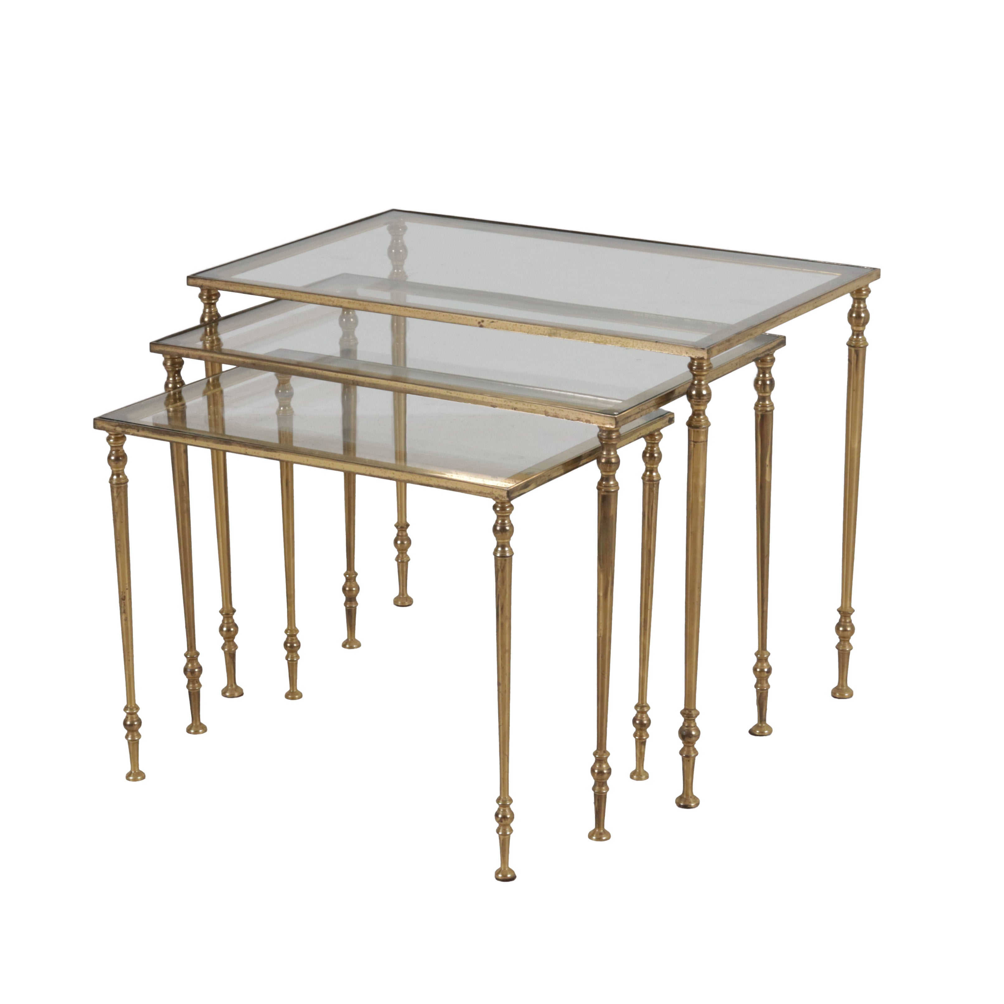 Set of three French brass and glass nesting tables, c. 1950
