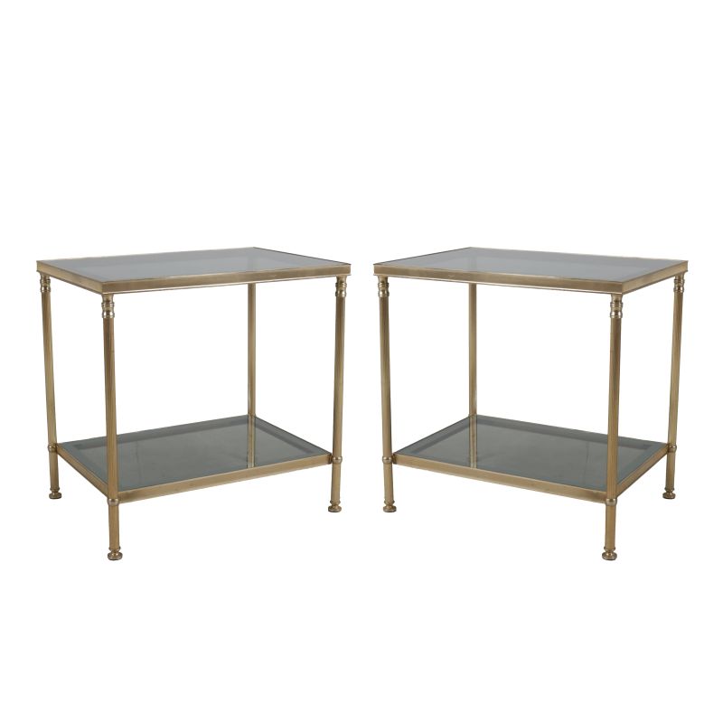 Pair of vintage brass and glass double tiered side tables, c. 1950