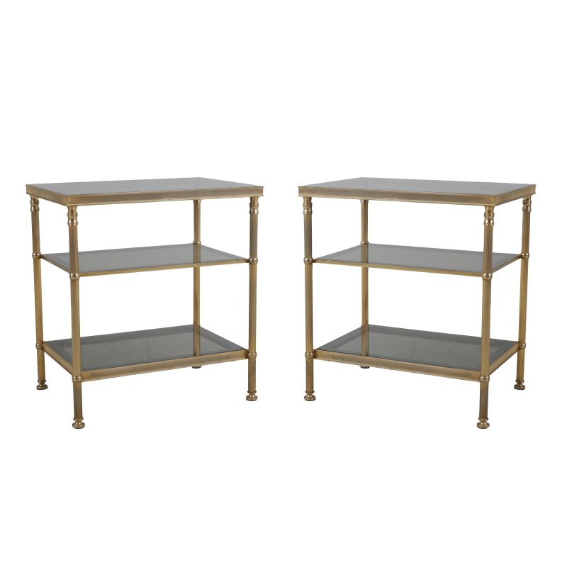Pair of vintage brass and glass triple tiered side tables, c. 1950