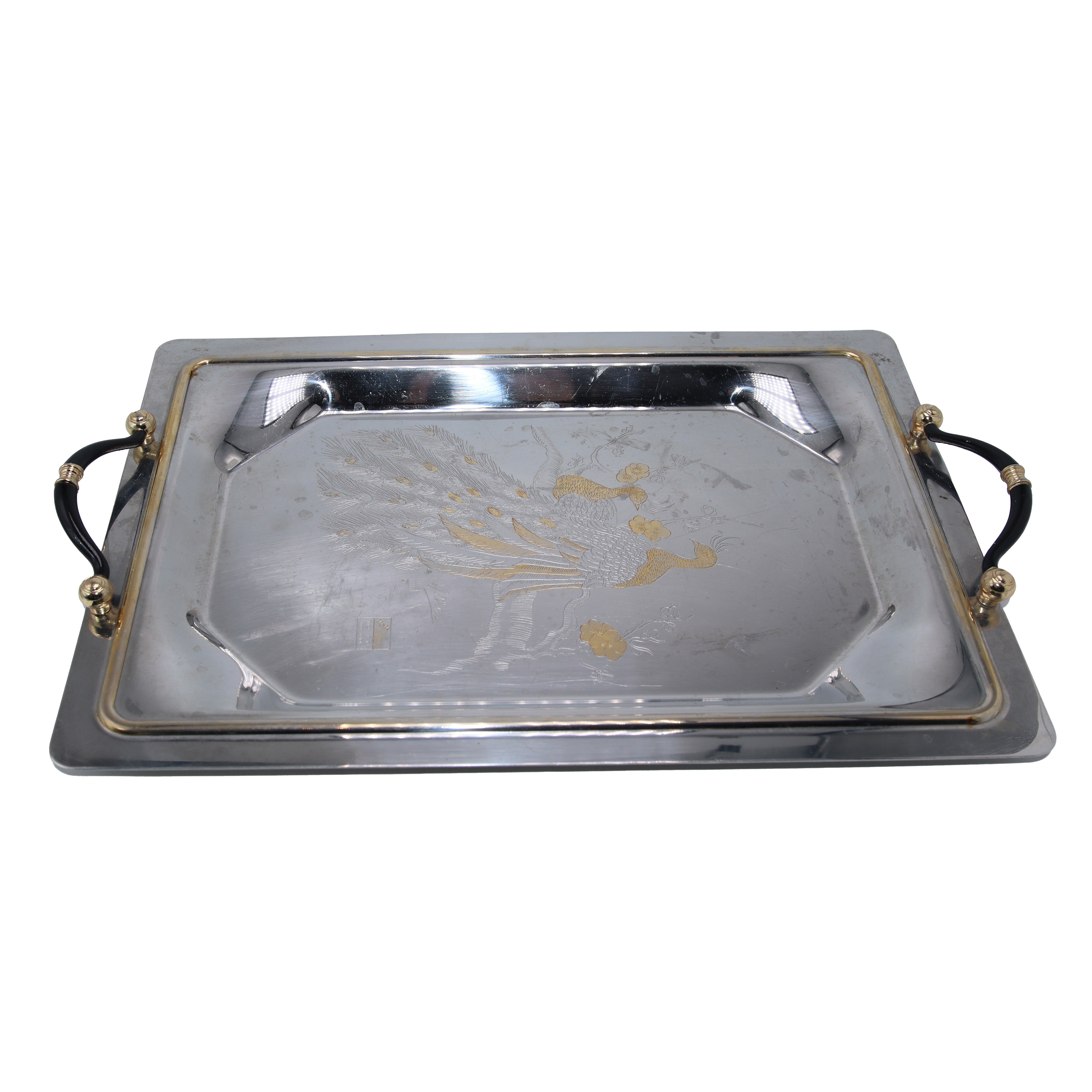 Italian steel and 24k gold serving tray with peacock, c. 1960