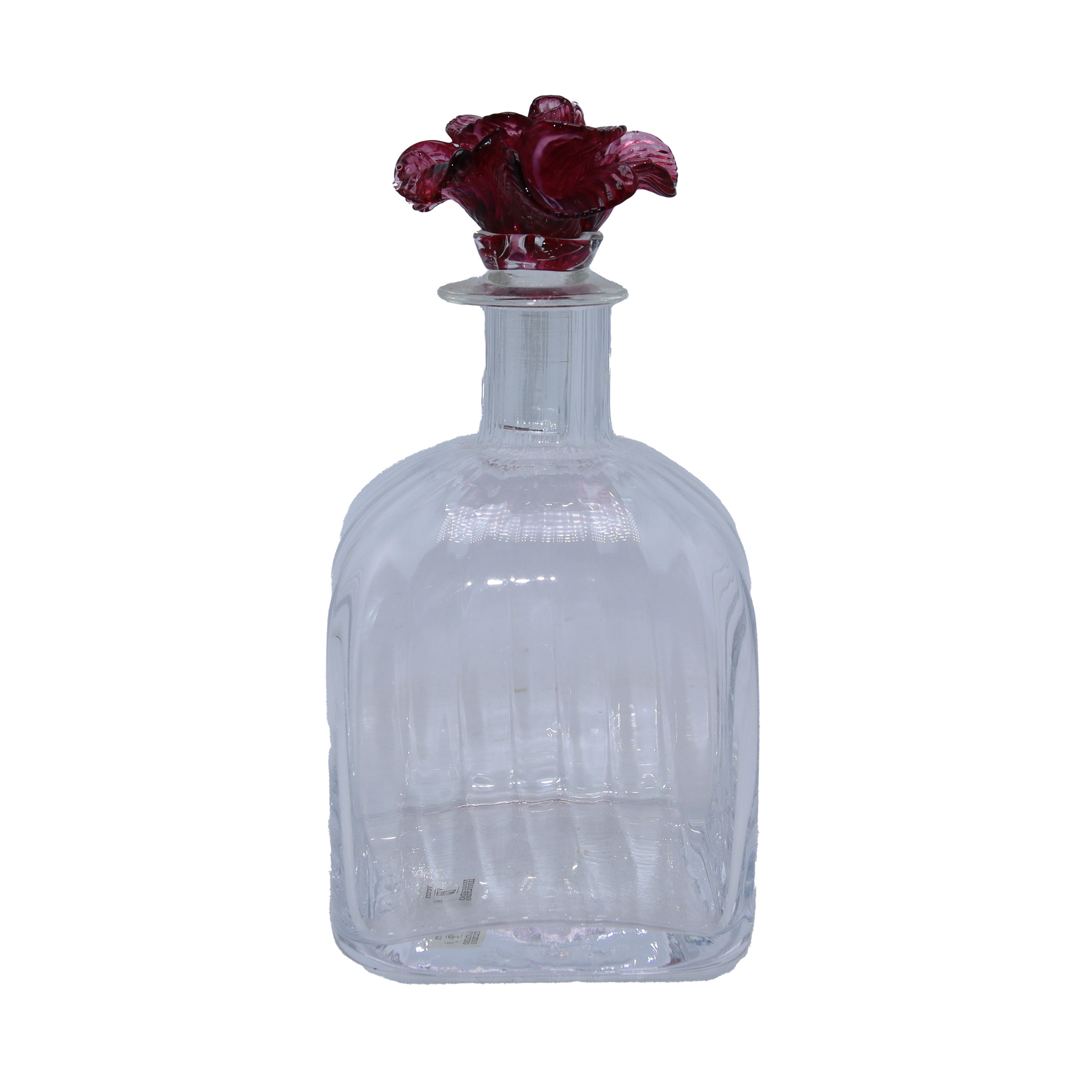 Clear signed Verti Murano glass descanter with pink floral stopper, c. 1960