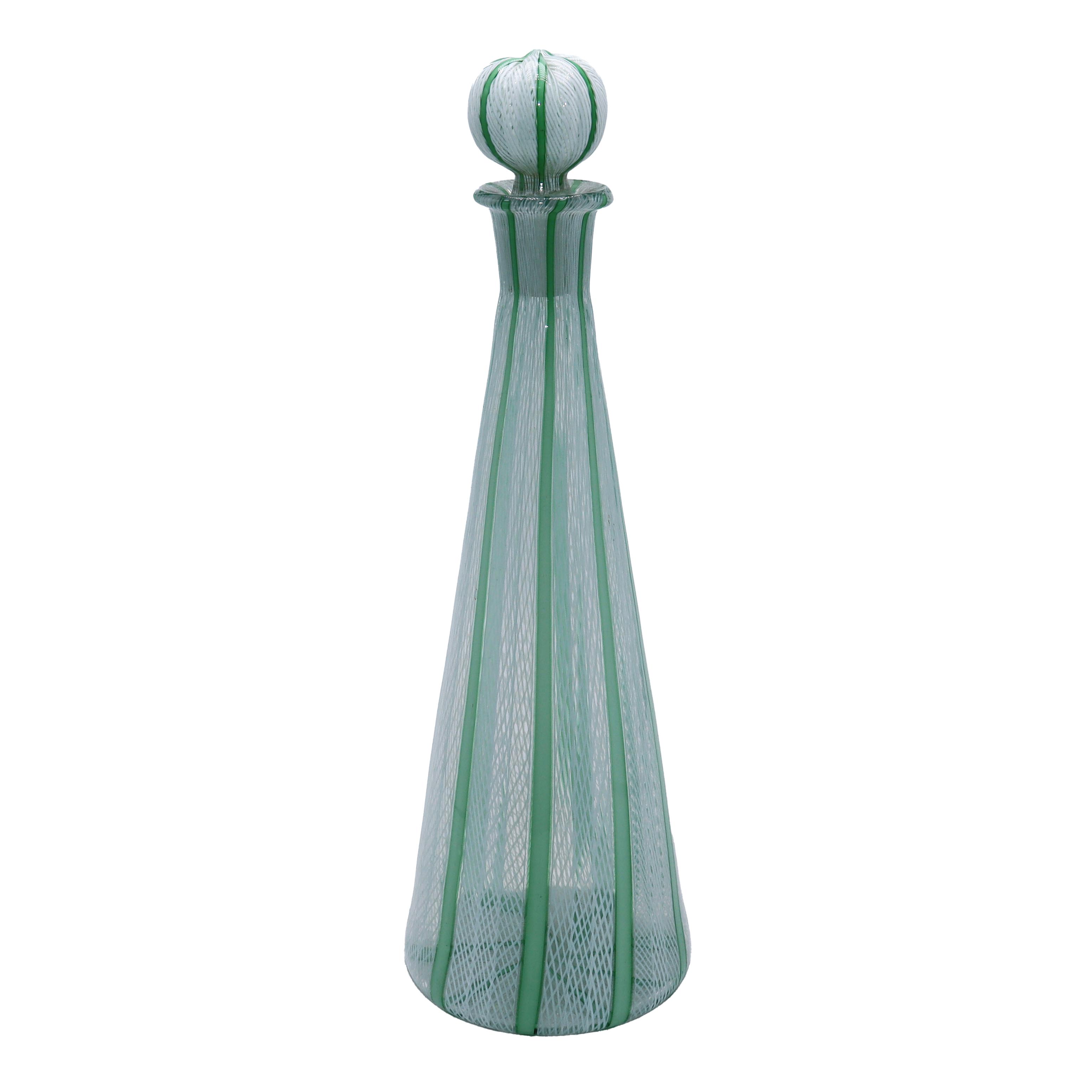 Green and ivory stripe Seguso decanter, c. 1960