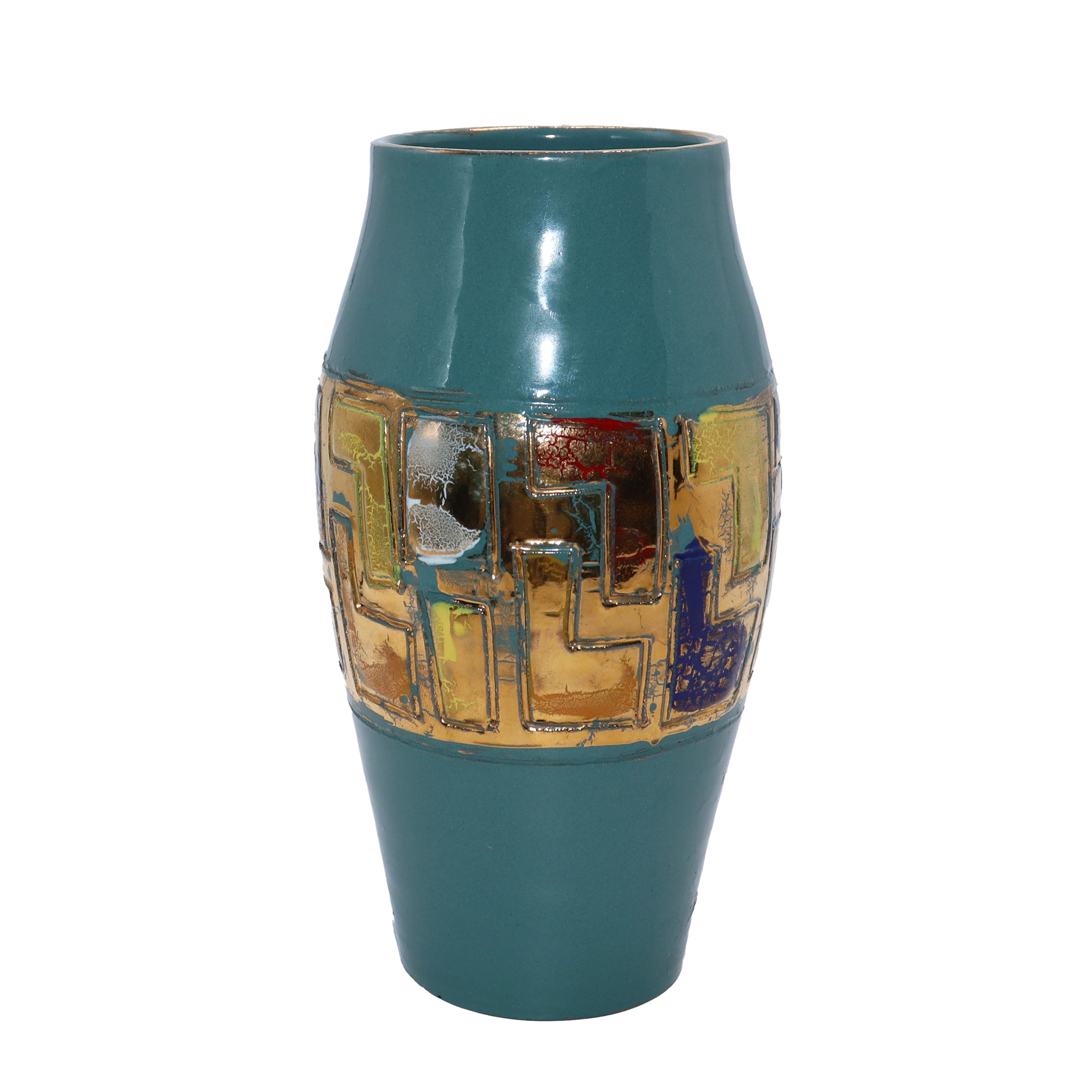 Teal and gold Bitossi crackle ceramic vase, c. 1960