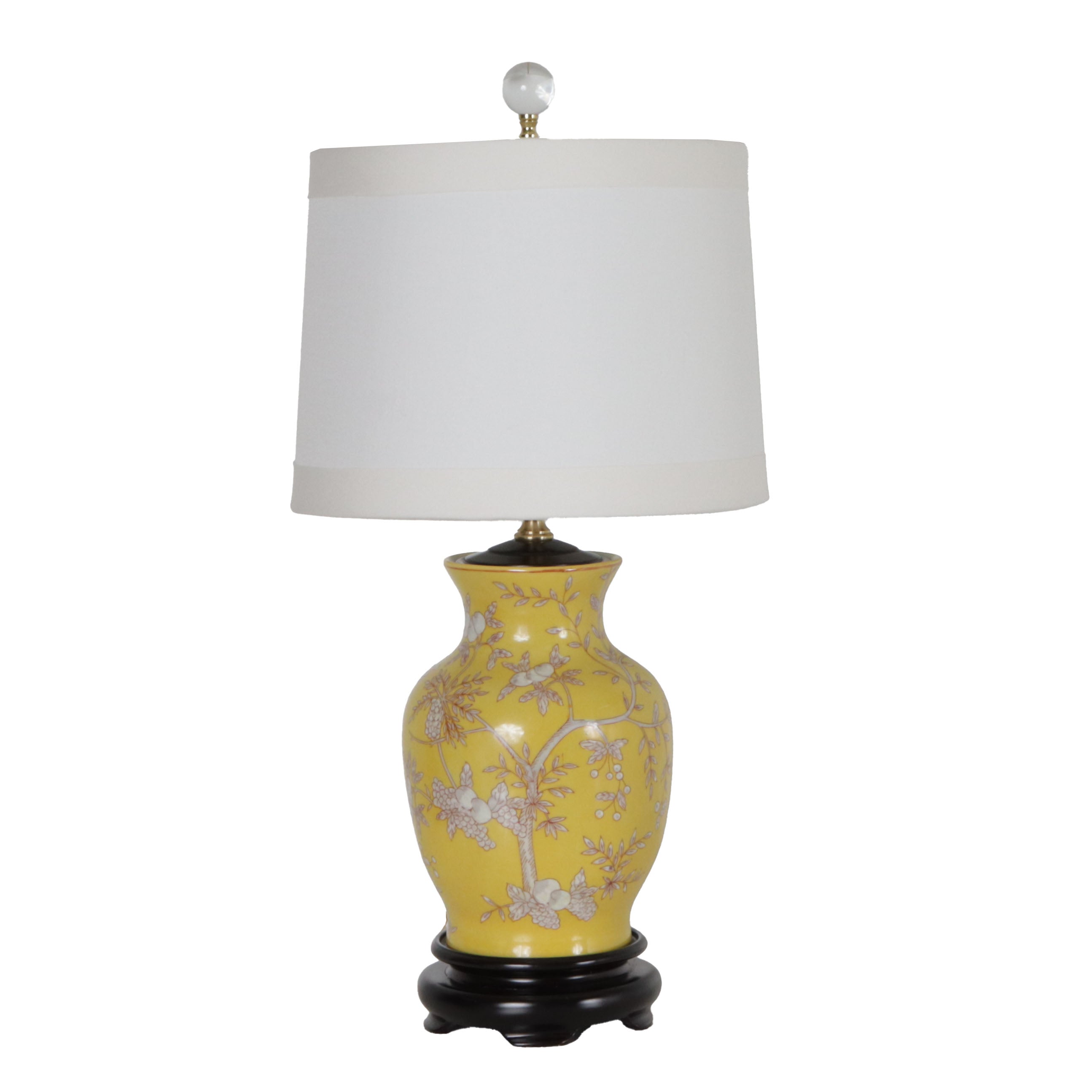 Pair of yellow Chinoiserie floral porcelain lamps, c. 1960