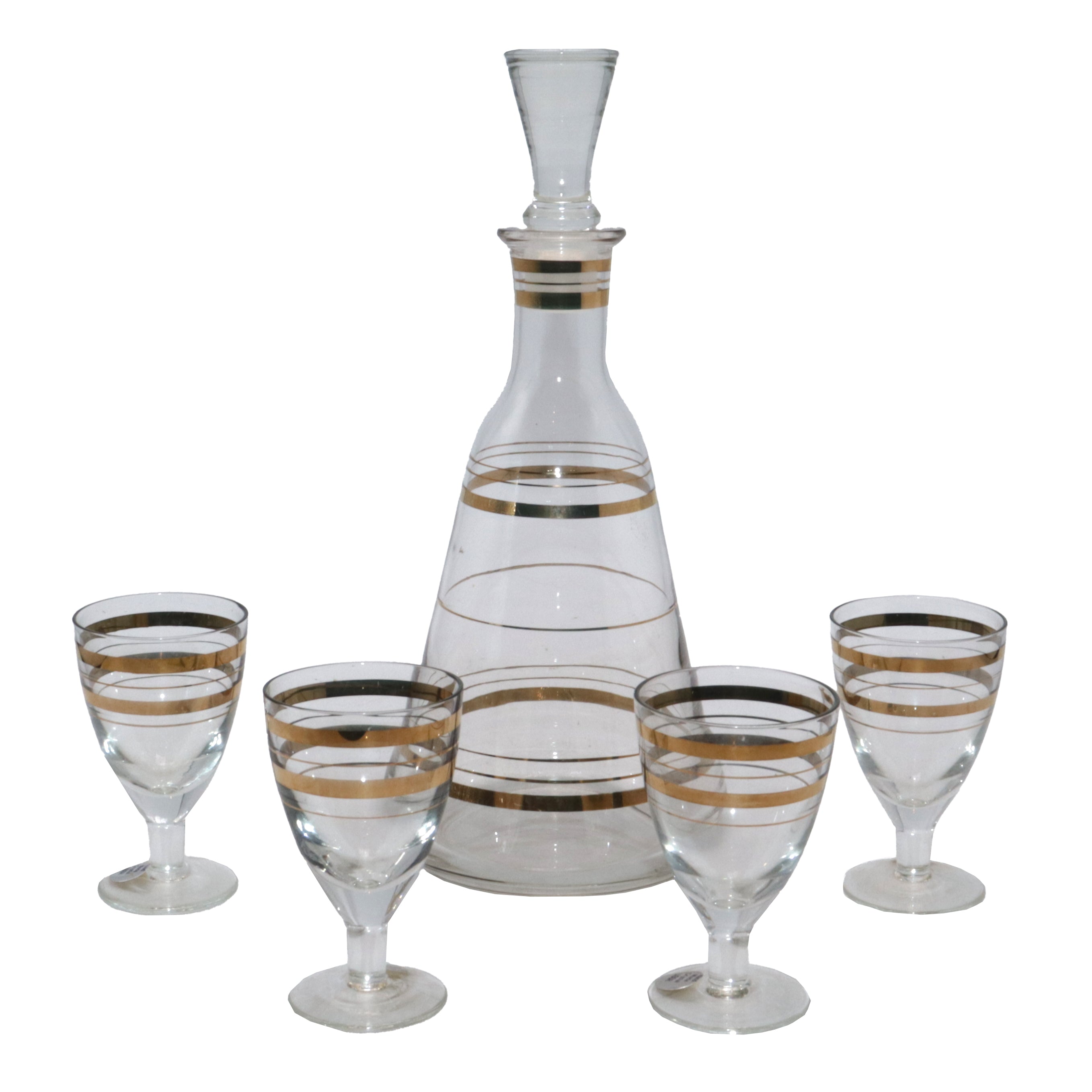 Crystal decanter set with gold stripe detail and 4 glasses, c. 1970