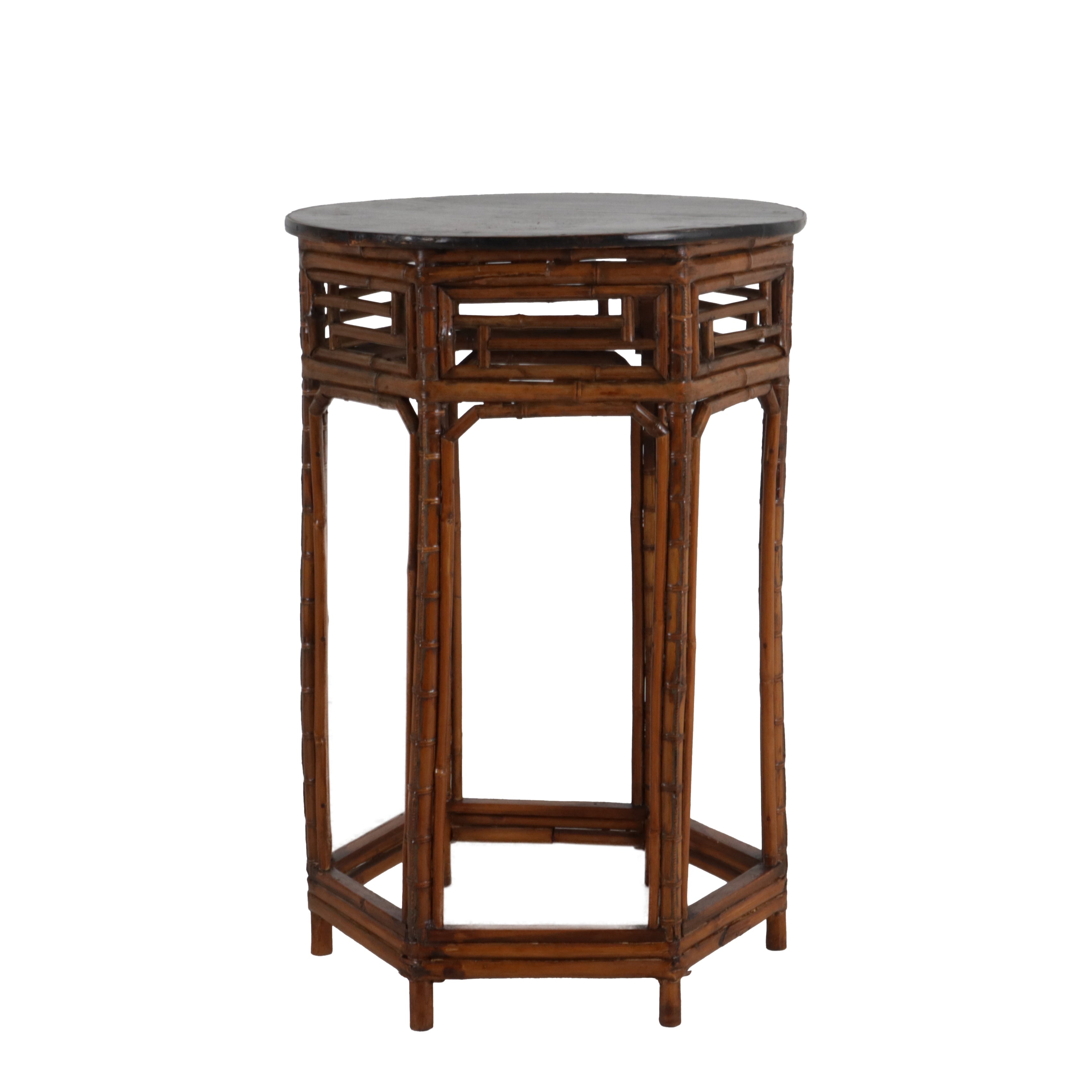 Round bamboo cigarette table with painted black top, c. 1970