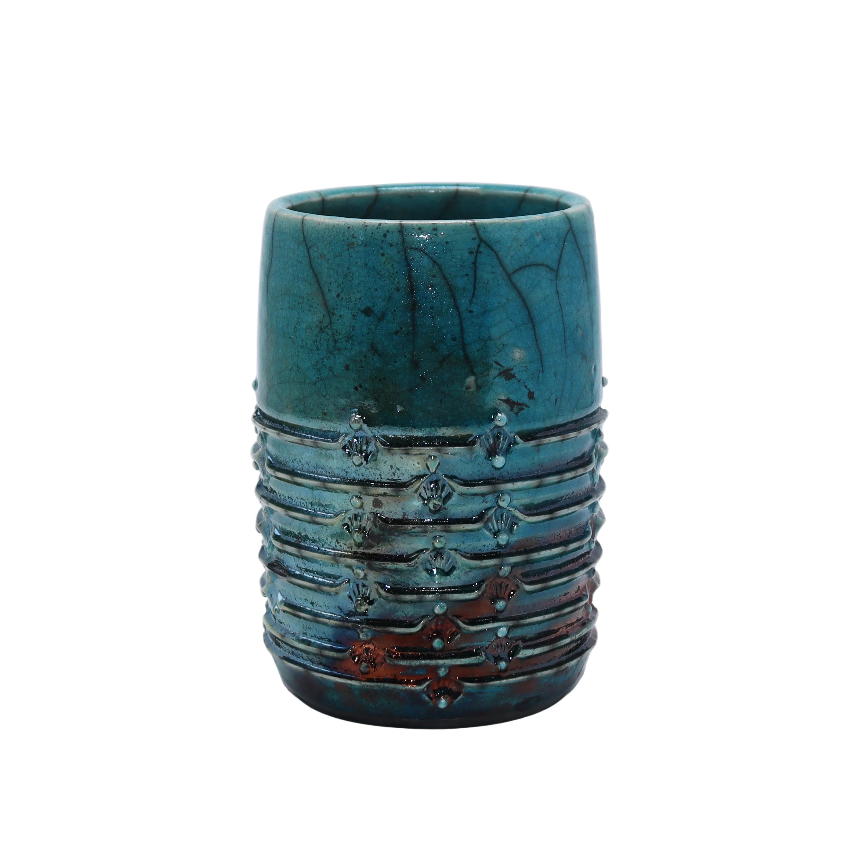 Turquoise & metallic Raku porcelain vase by Ann Alford