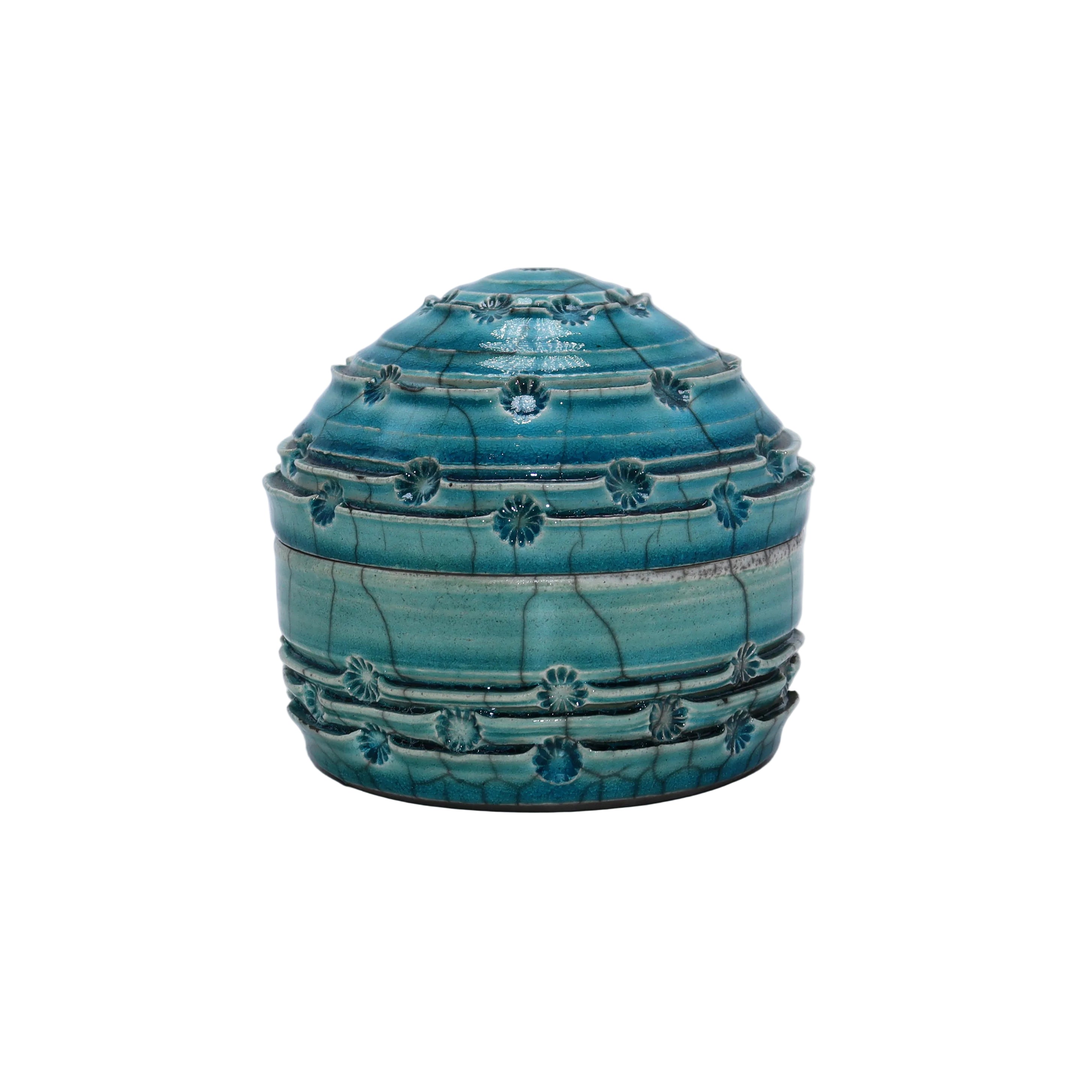 Turquoise Raku porcelain lidded jar by Ann Alford
