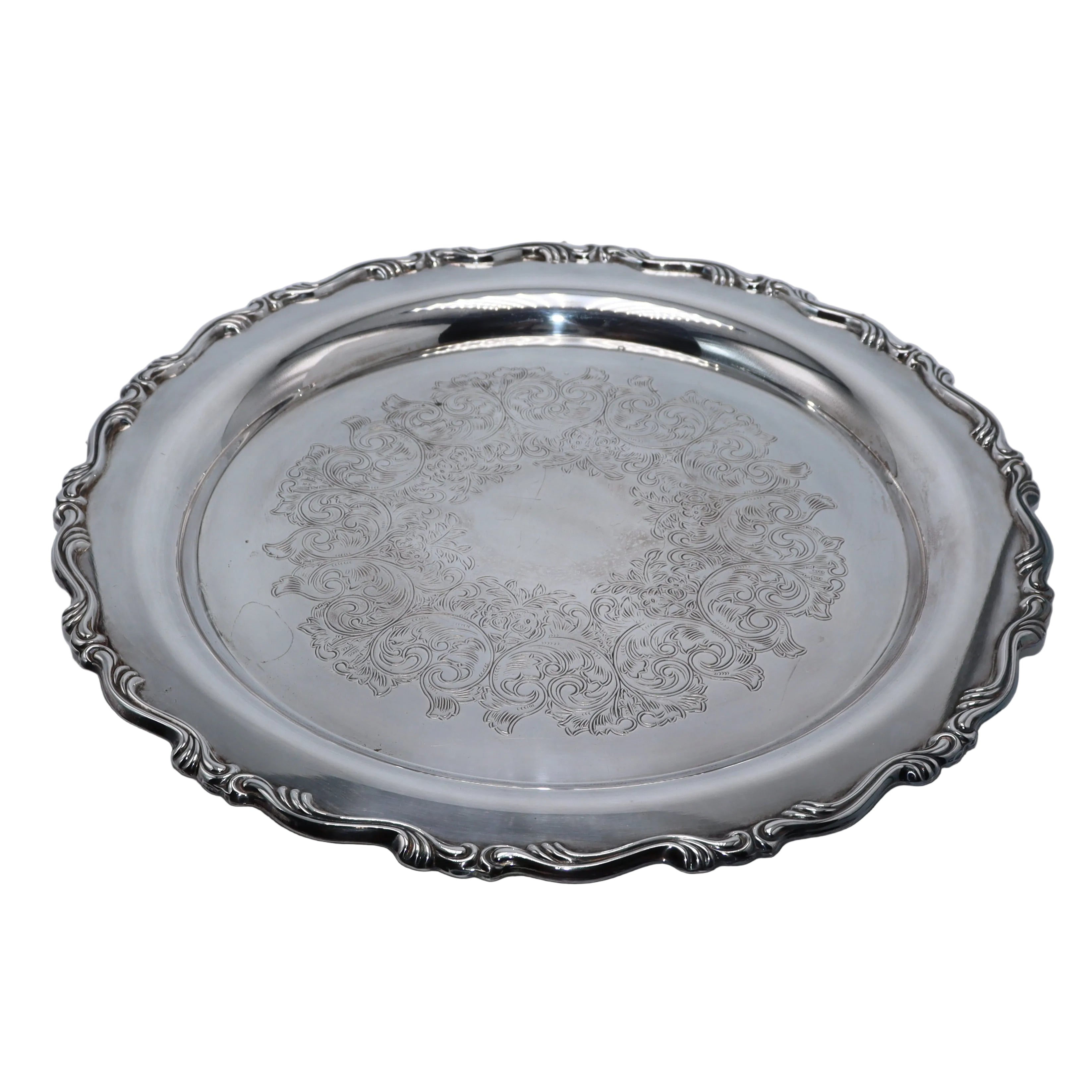 Ornate round silver plated serving tray, c. 1960