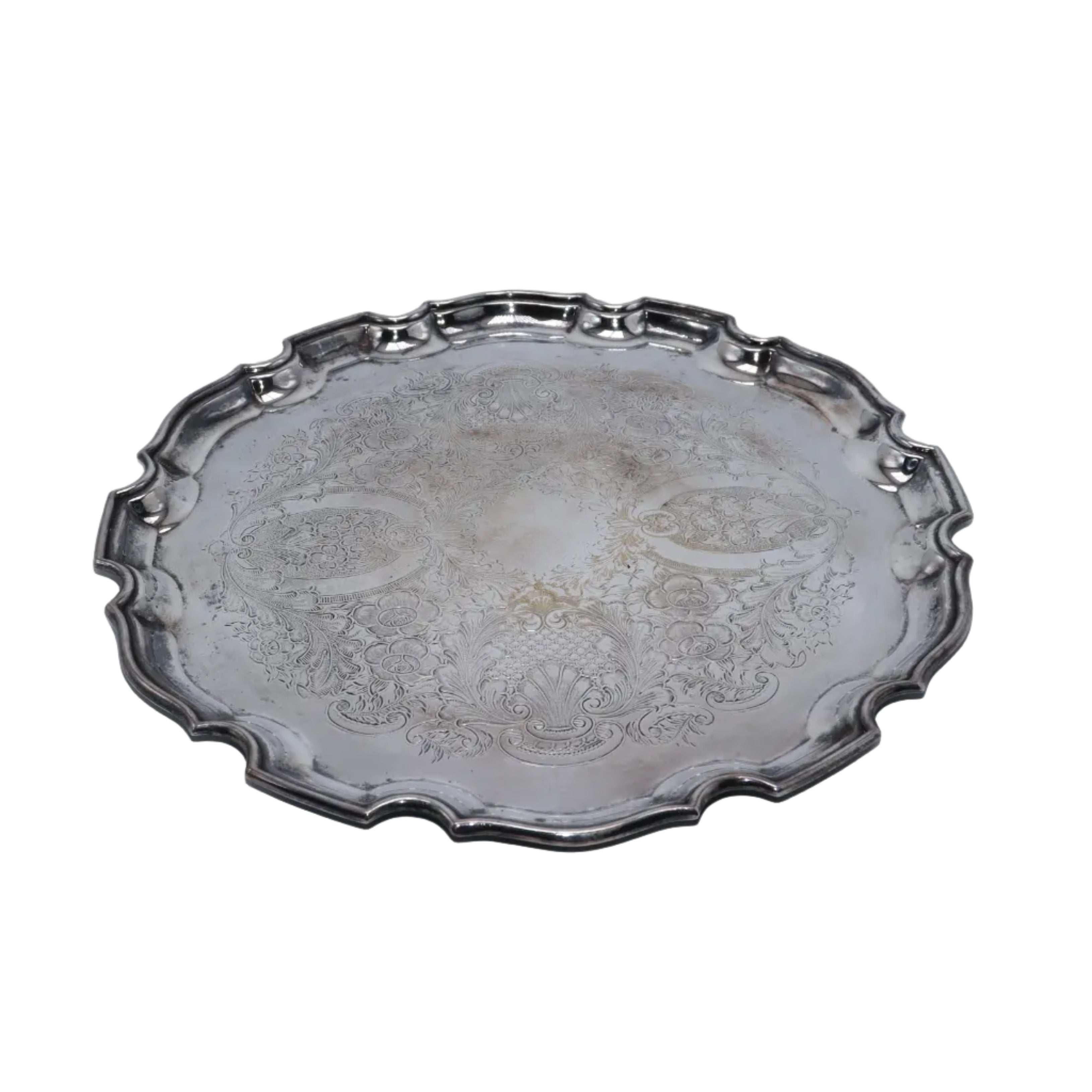 Vintage round scalloped silver plated tray, c. 1960